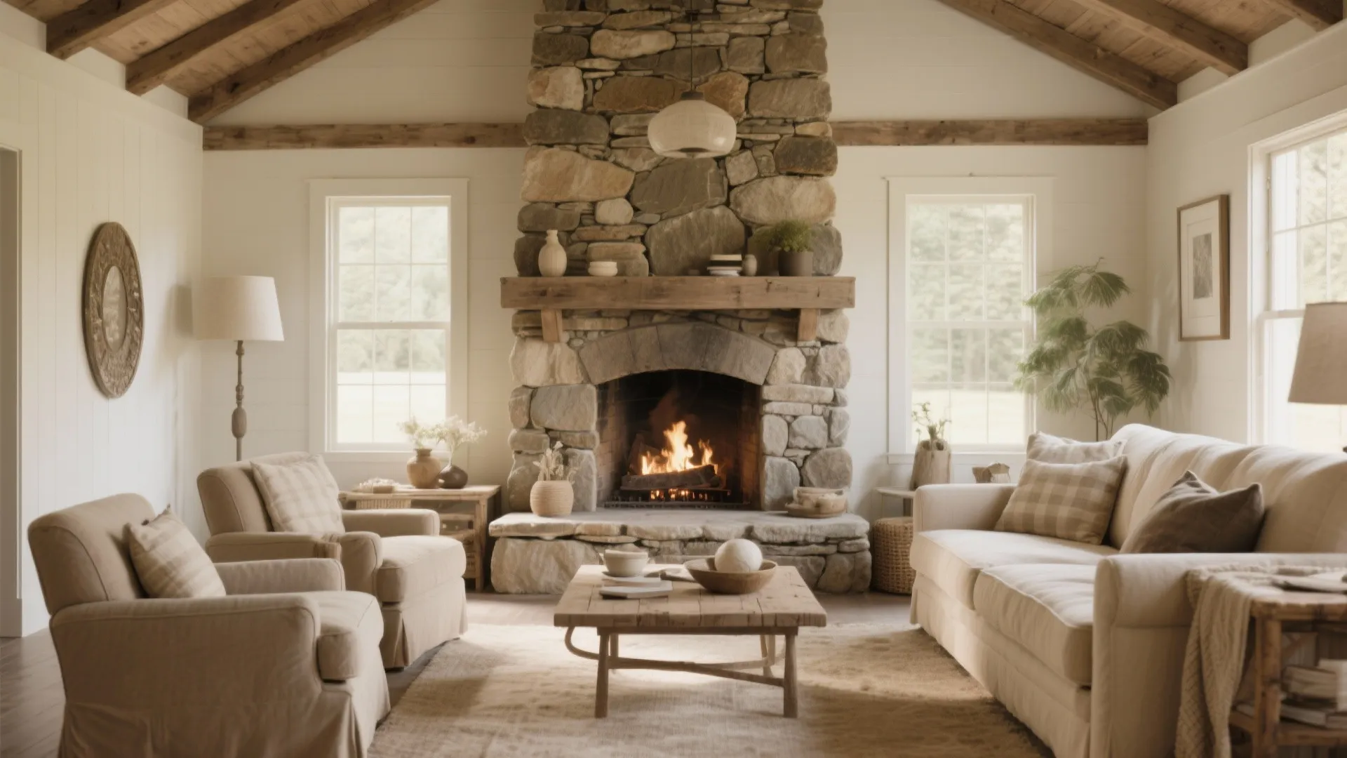 Rustic living room with large stone fireplace wooden beams cream sofas and warm natural light