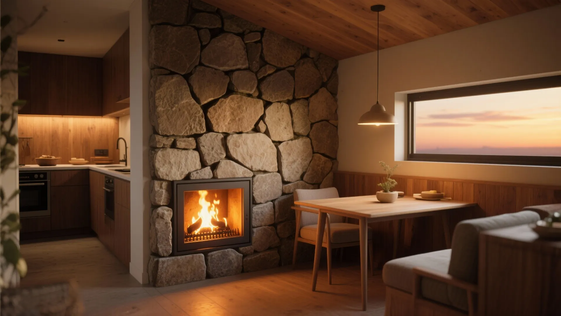 Compact dining corner with a stone accent wall and cozy gas-insert fireplace glowing warmly.