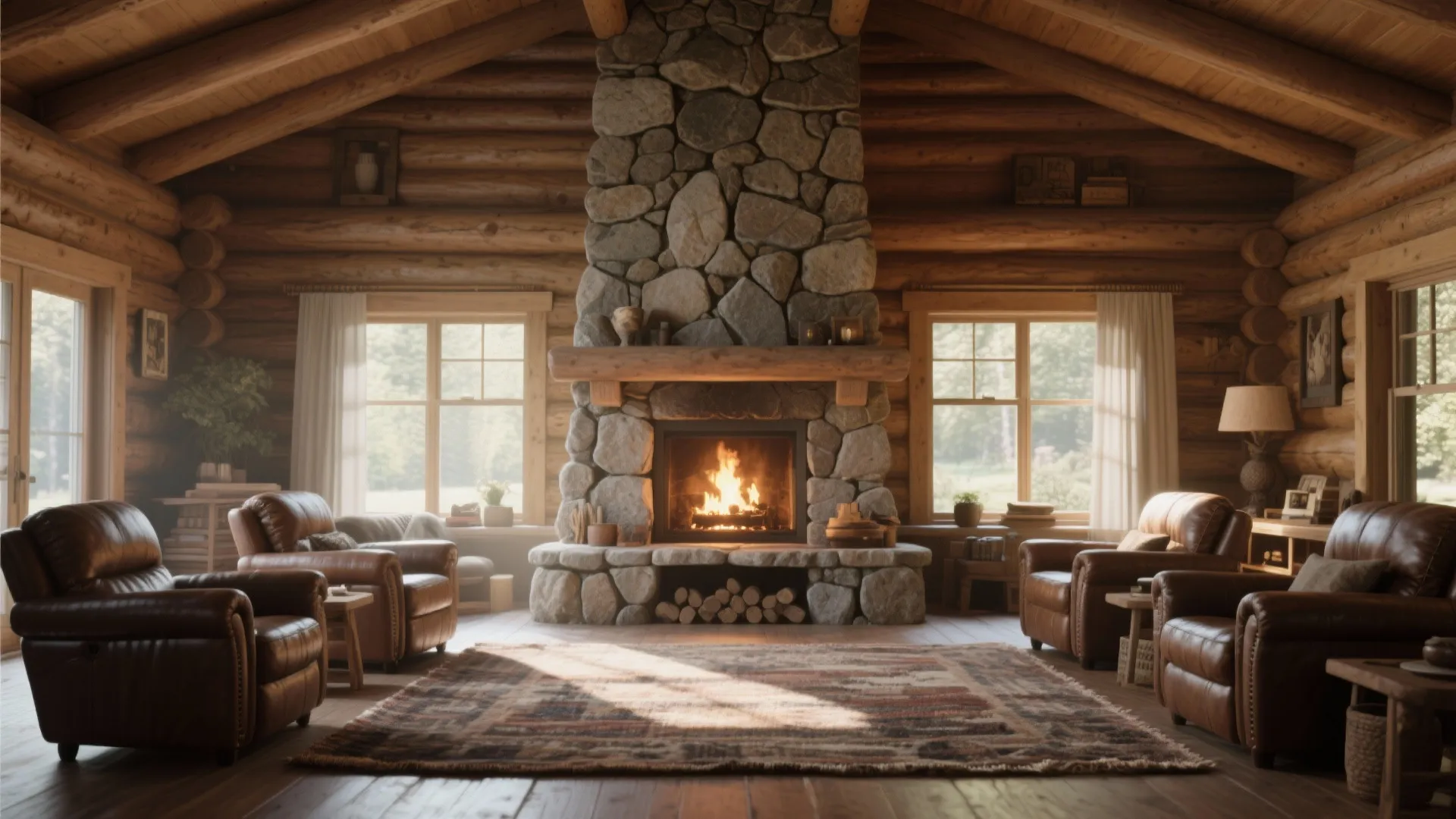 Rustic log cabin interior featuring a large stone fireplace brown leather armchairs and wooden walls