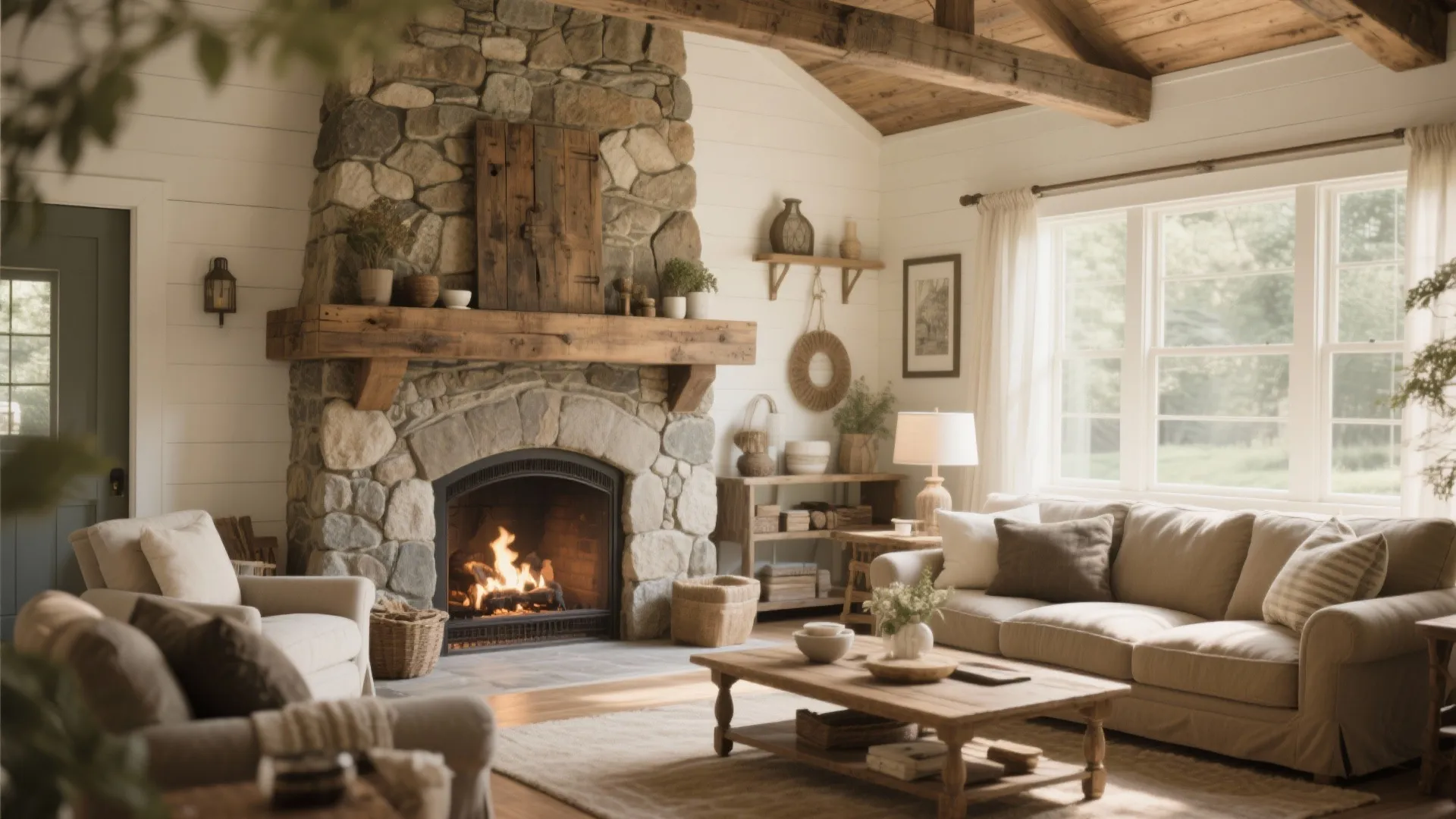 Rustic farmhouse living room with large stone fireplace wood beams tan sofa and coffee table