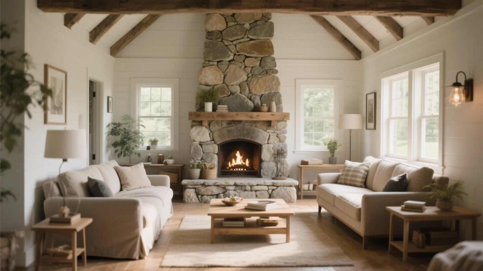 Farmhouse living room with natural stone fireplace as focal point