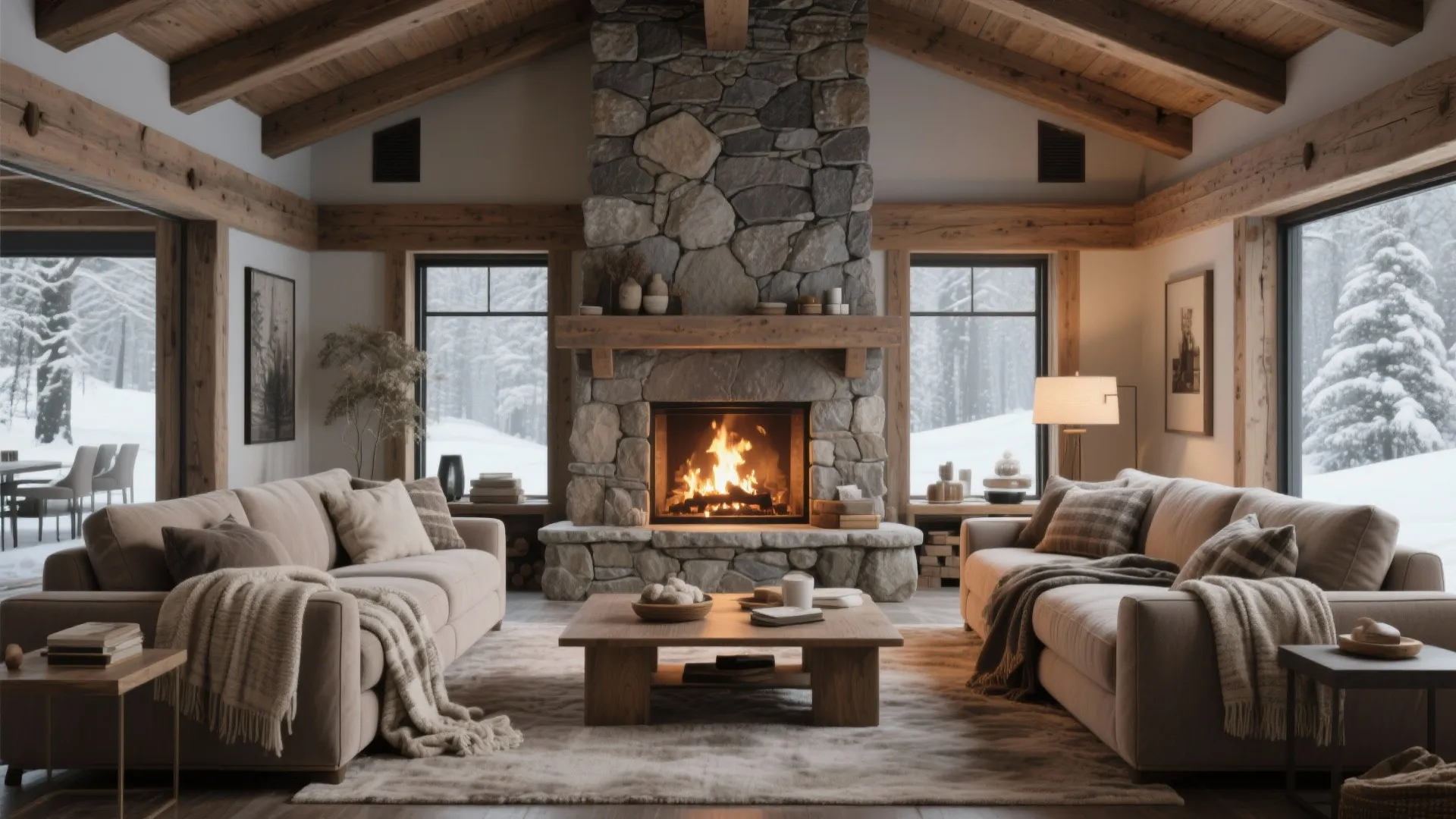 Stone Fireplace with Taupe Sofas