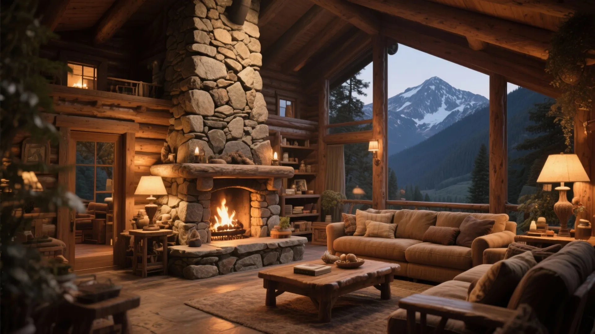 Cozy log cabin living room with a stone fireplace comfortable sofa and mountain view through windows