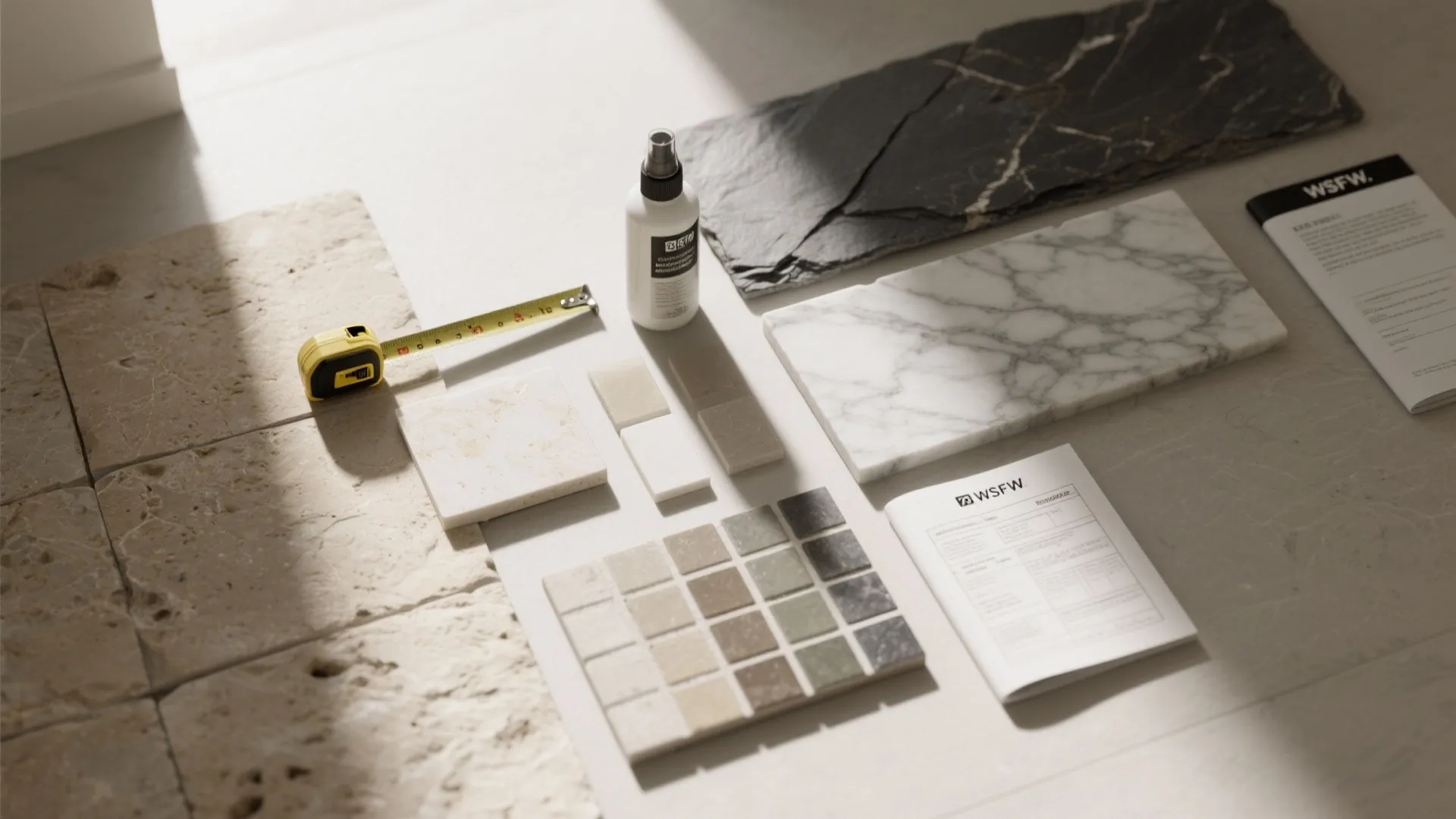 Interior design material samples including marble tiles slate pieces tape measure and white spray bottle