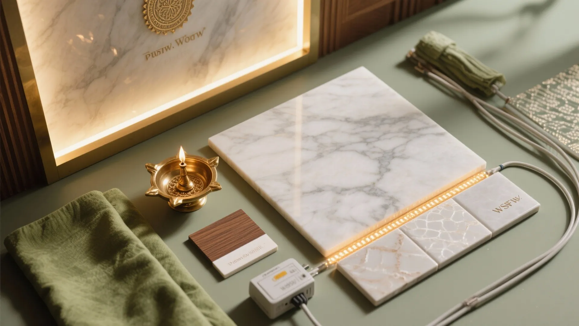 Interior design material board with marble tiles wood samples fabric green cloth and small brass light