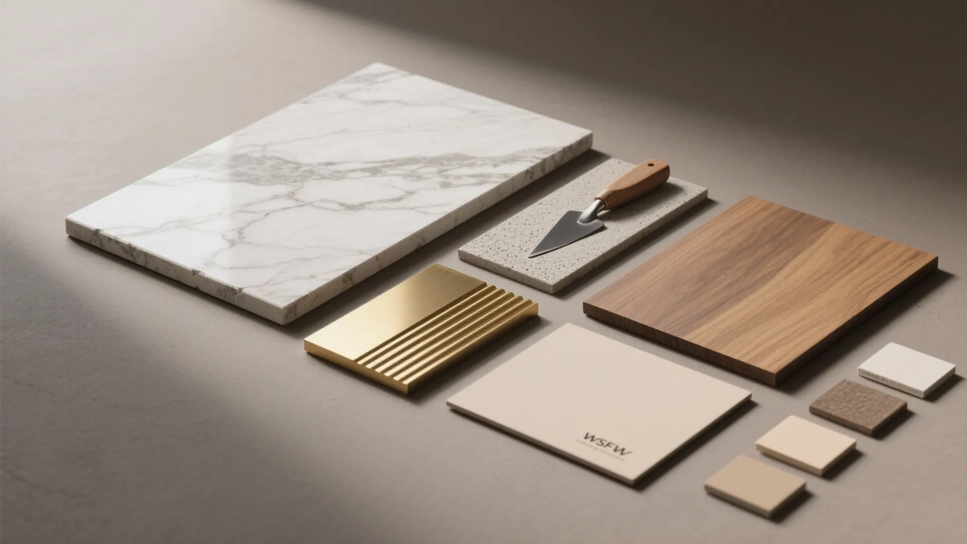 Interior design material samples including white marble wood tile gold metal and small stone pieces