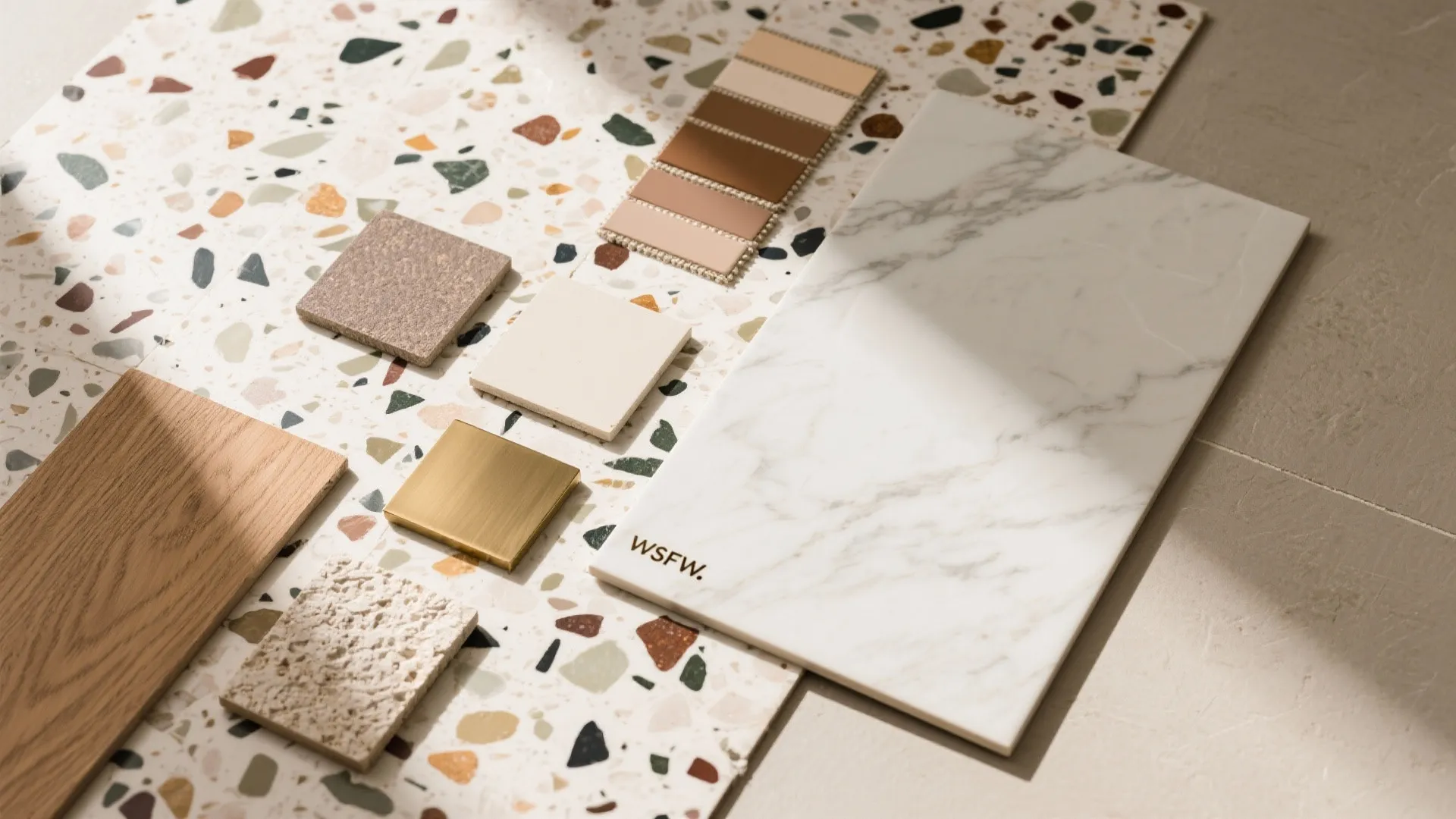 Various interior material samples including marble, wood, and stone tiles on a colorful terrazzo surface