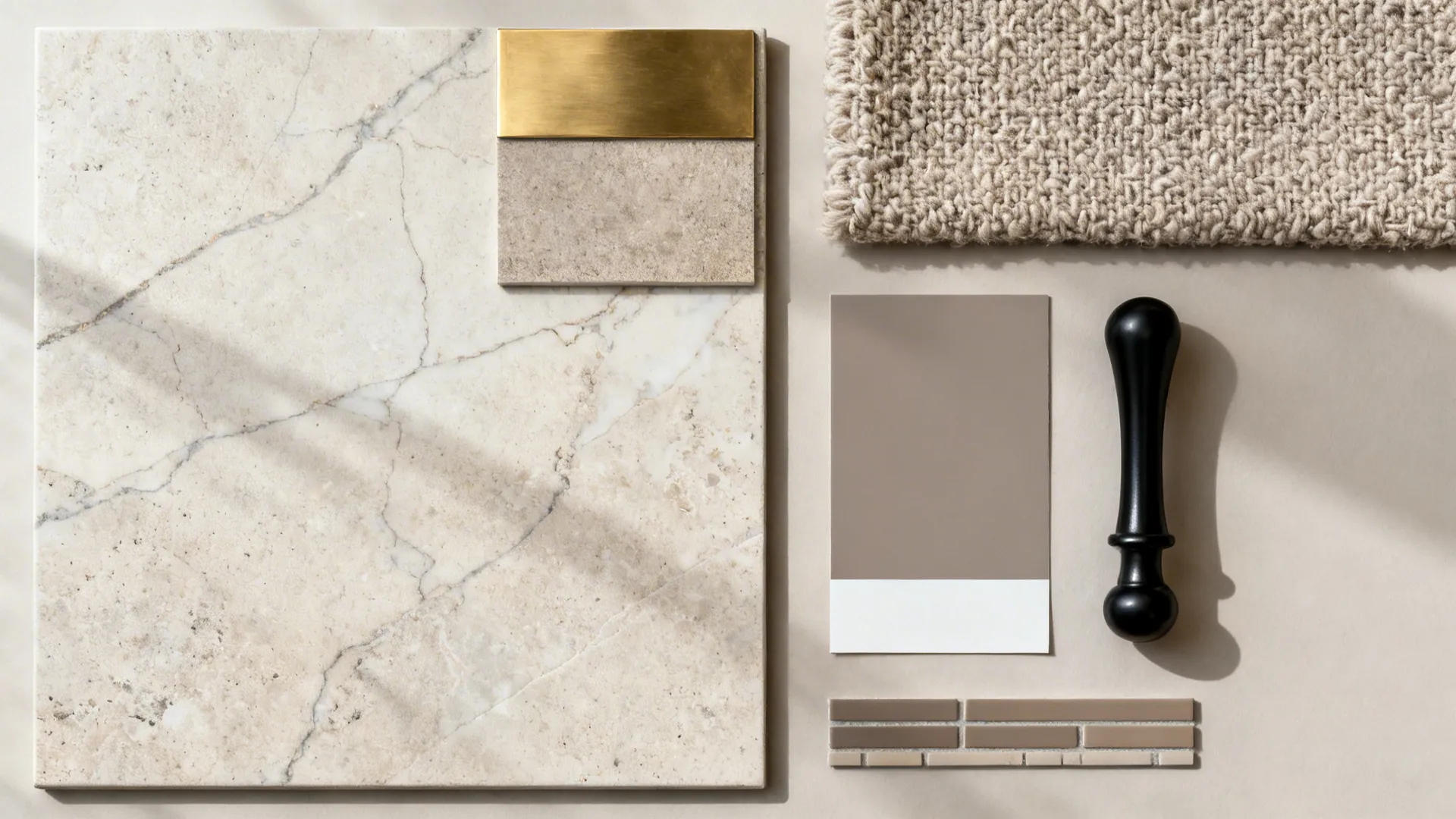 Top-down flat lay with stone-look tile, brass, bouclé fabric, paint chips, and grout strip.