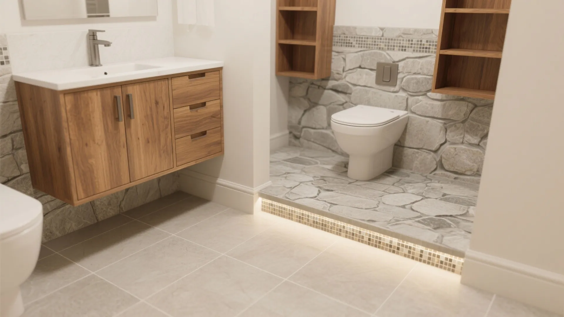 Modern bathroom with stone wall tiles wood cabinet white toilet and warm hidden light under floor