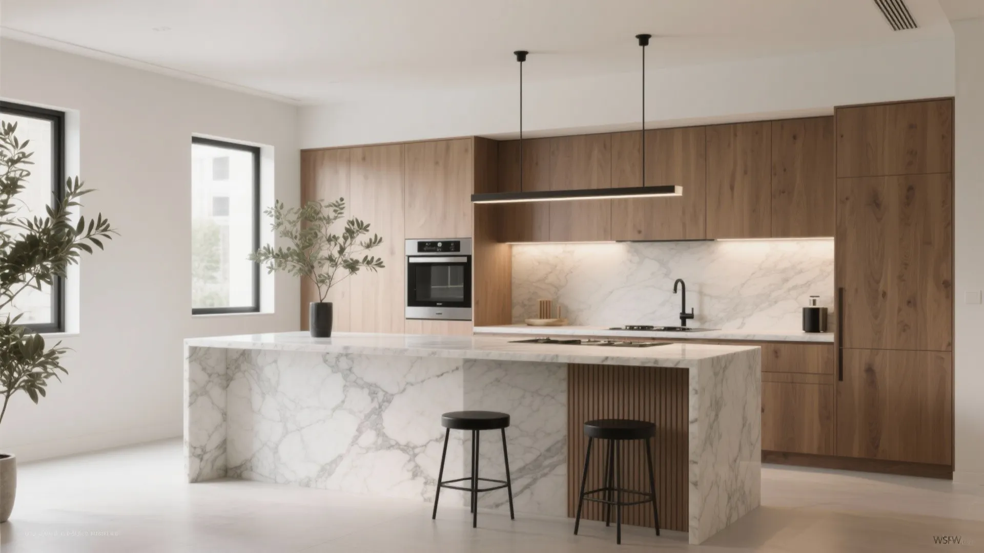 1) Stone-forward kitchens with tactile luxury
