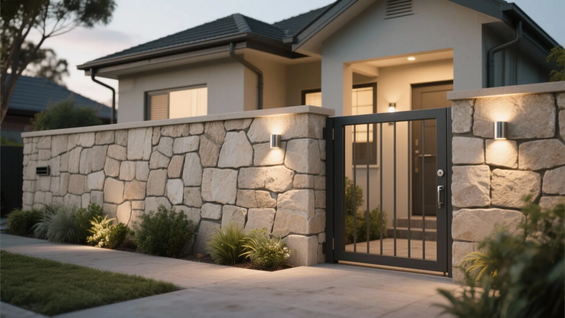 Stone cladding with a framed gate and soft lighting