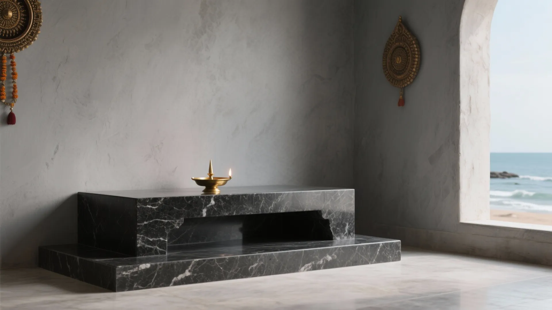 Dark marble platform with a gold lamp in a grey room overlooking the blue ocean