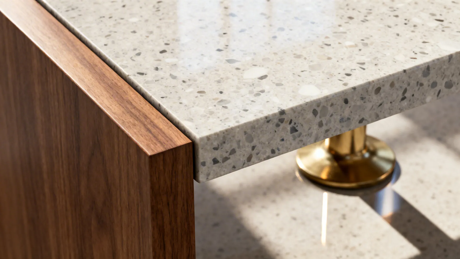 Close-up of terrazzo stone top and teak side with a clean shadow gap detail.