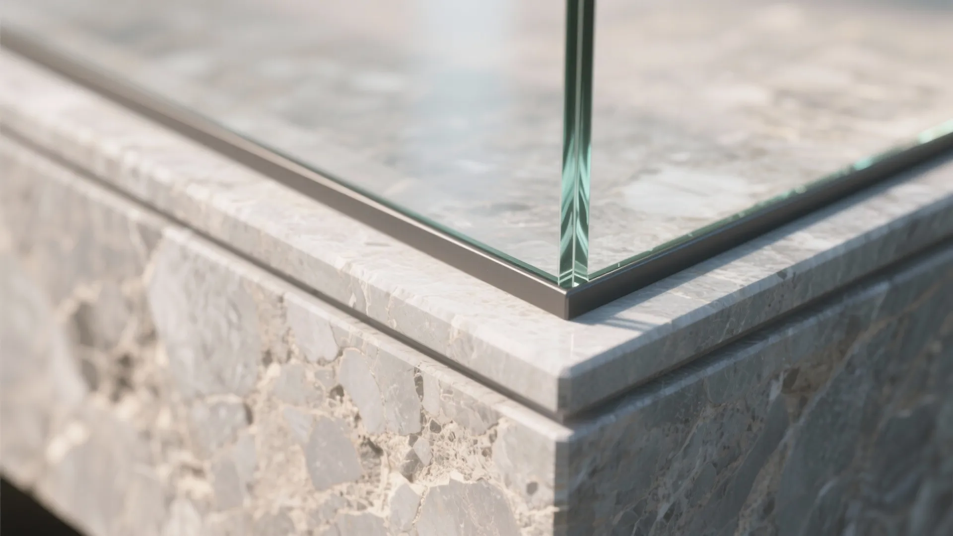 Close-up of quartzite and low-iron glass junction with hidden channel and clean silicone line.