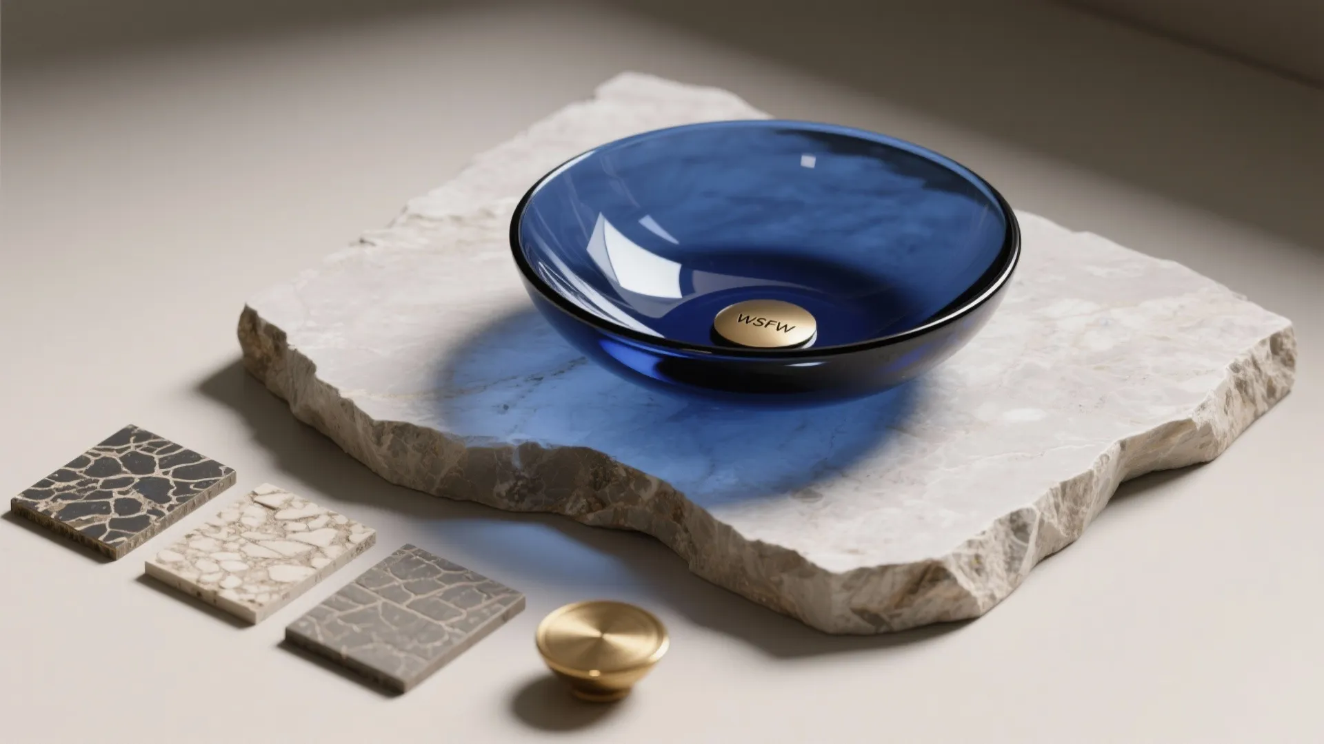 5. Mixed Materials: Stone Counter + Blue Glass Vessel