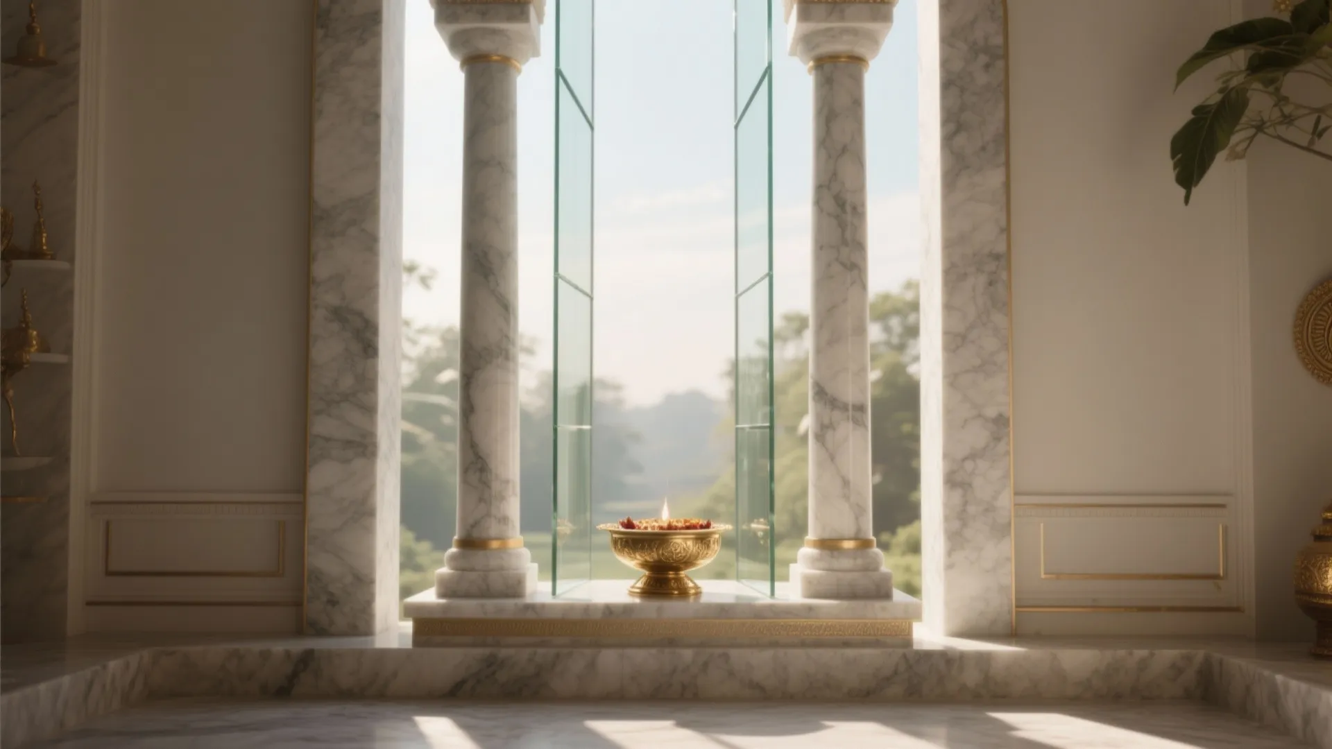 Stone-and-glass hybrid pillars for a light, sacred feel