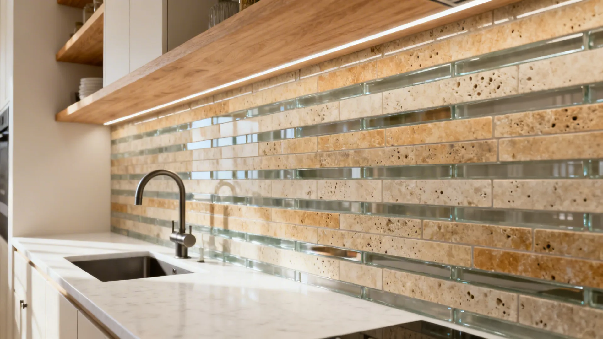 Linear mosaic of warm travertine and smoky glass strips widening a narrow kitchen wall.