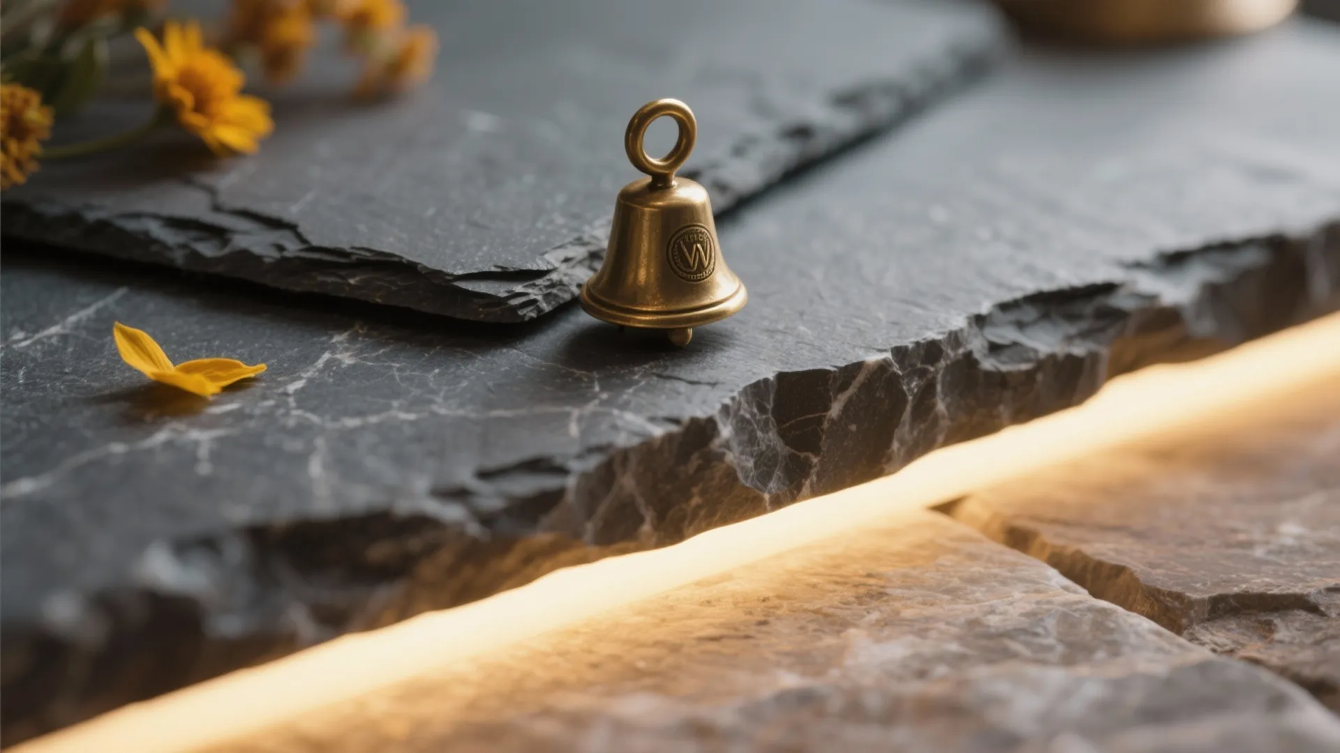Small brass bell on dark stone slabs with warm light and yellow flowers in background