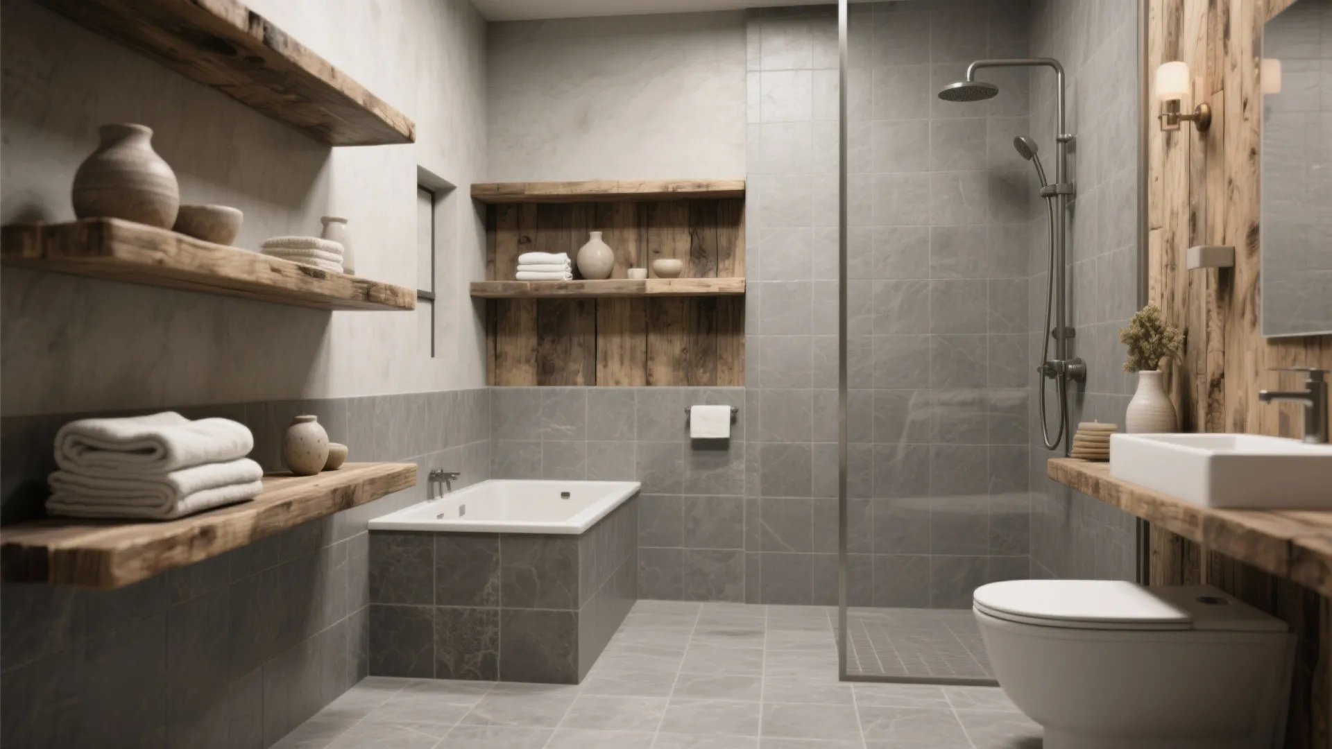 2. Stone-gray tiles + reclaimed oak shelving