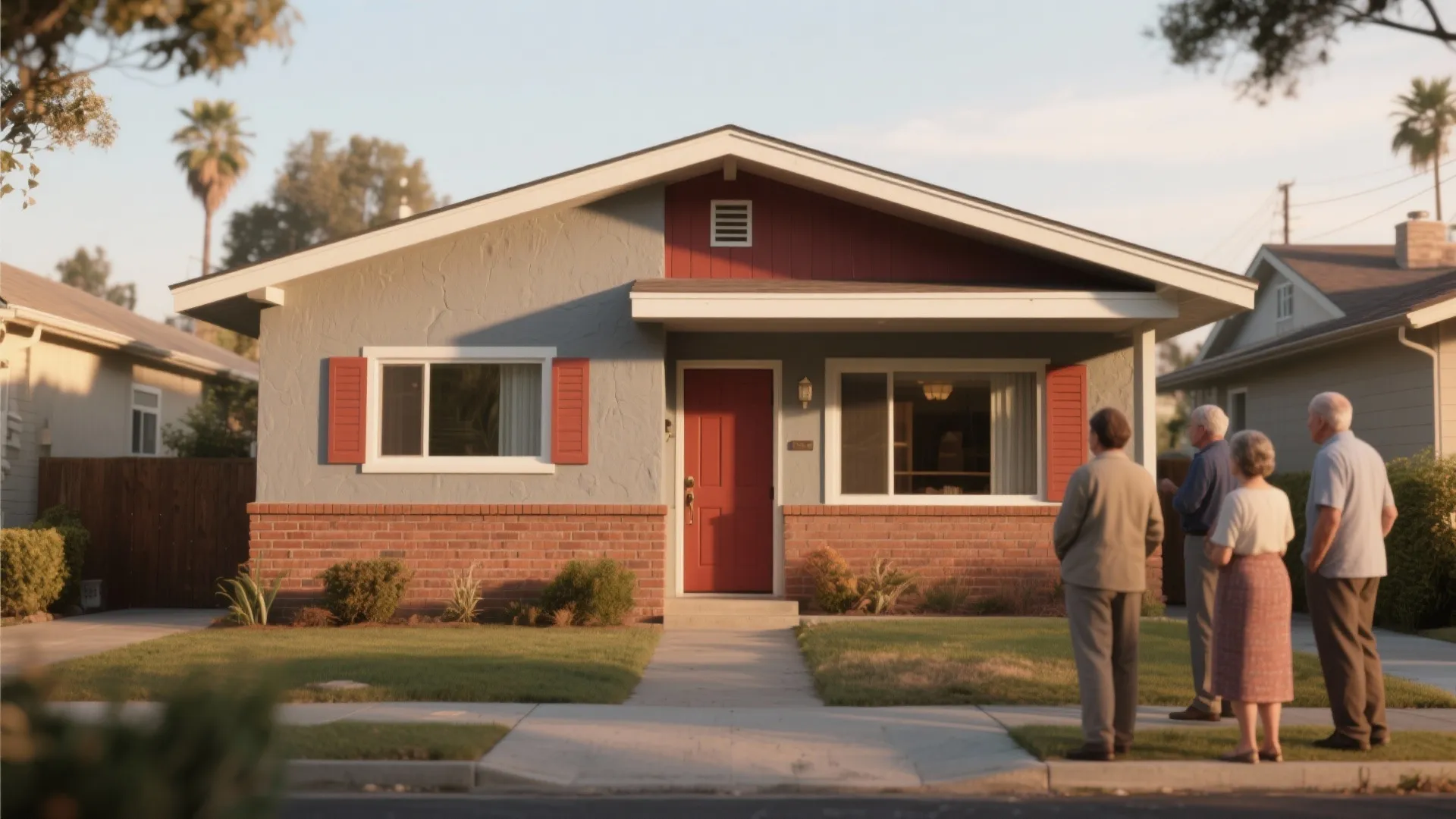 Small house with a red door while four people stand outside on the front lawn