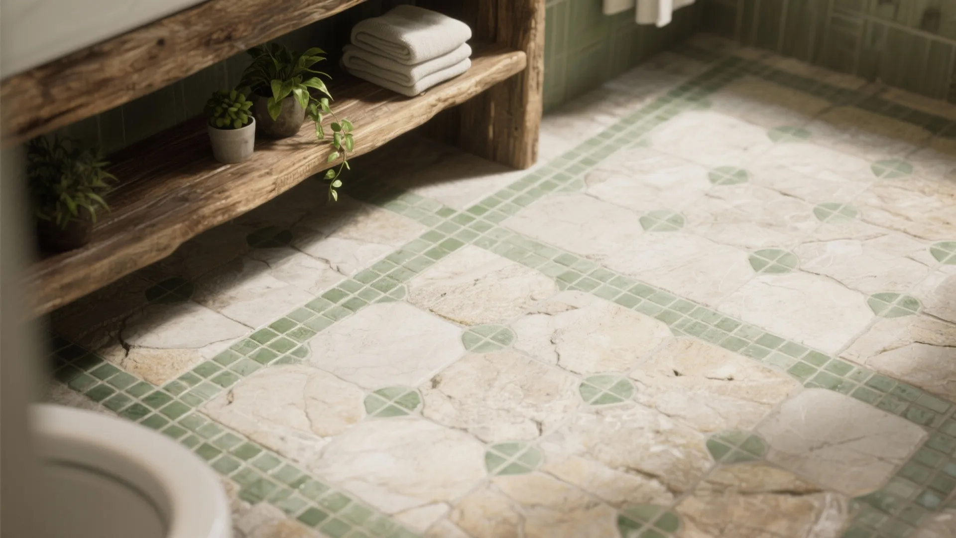 3. Natural stone floor, green grout, and reclaimed wood shelf