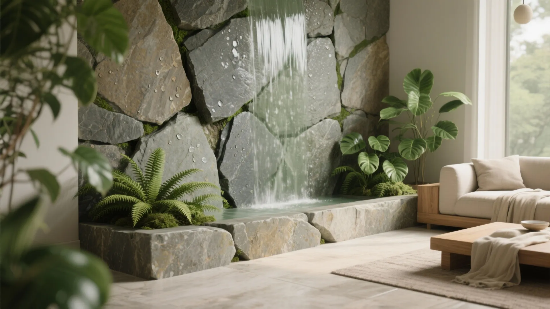 Natural Stone Water Wall with Greenery