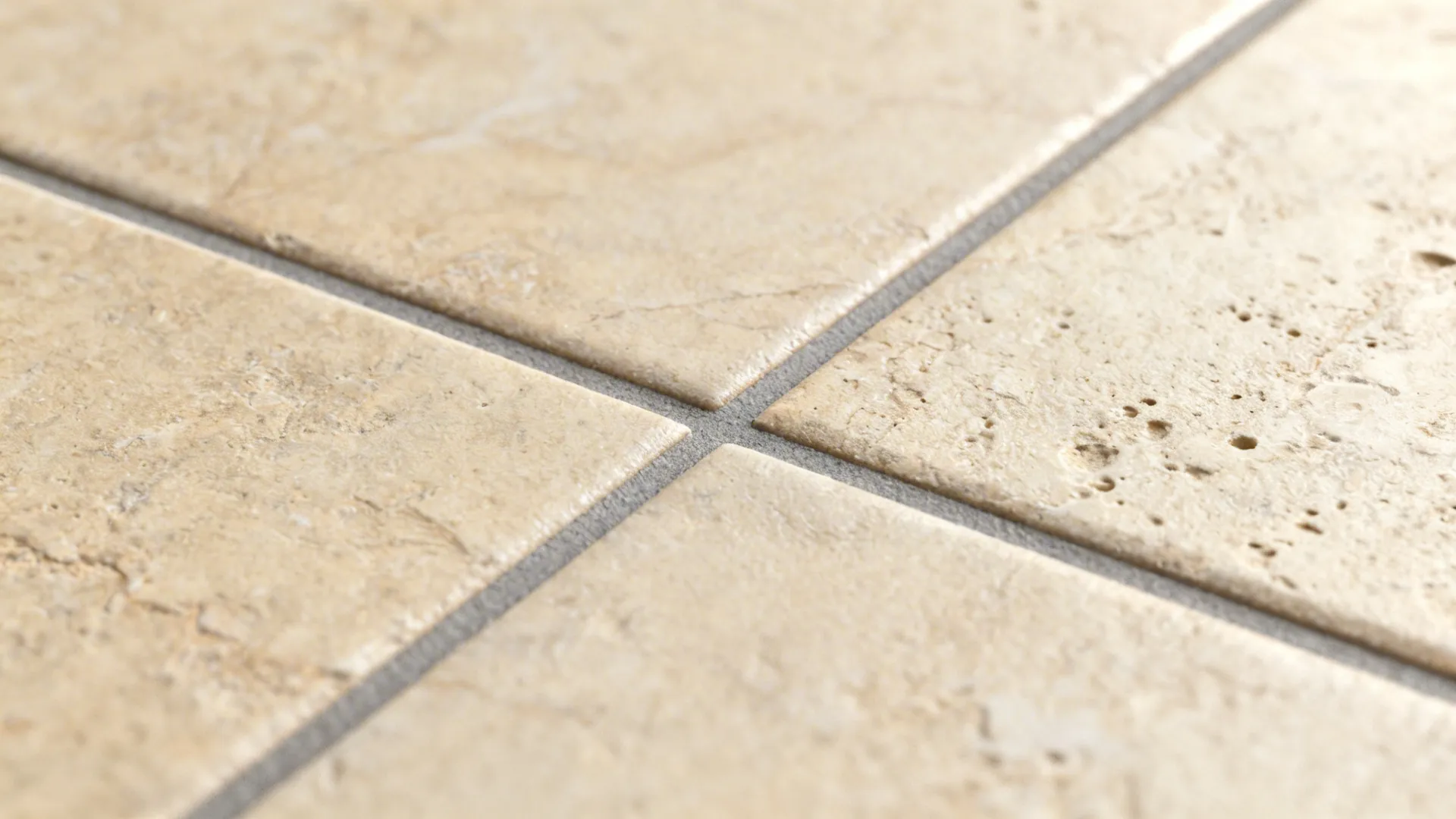 Macro of limestone-look porcelain with rectified edge and warm gray grout joint.