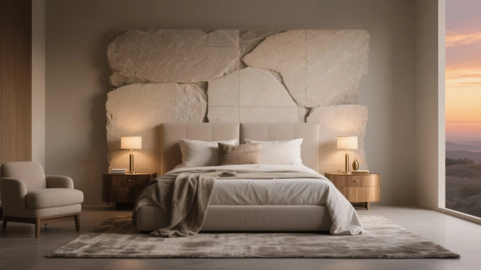 4) Calm Stone-Look Headboard Wall in the Bedroom