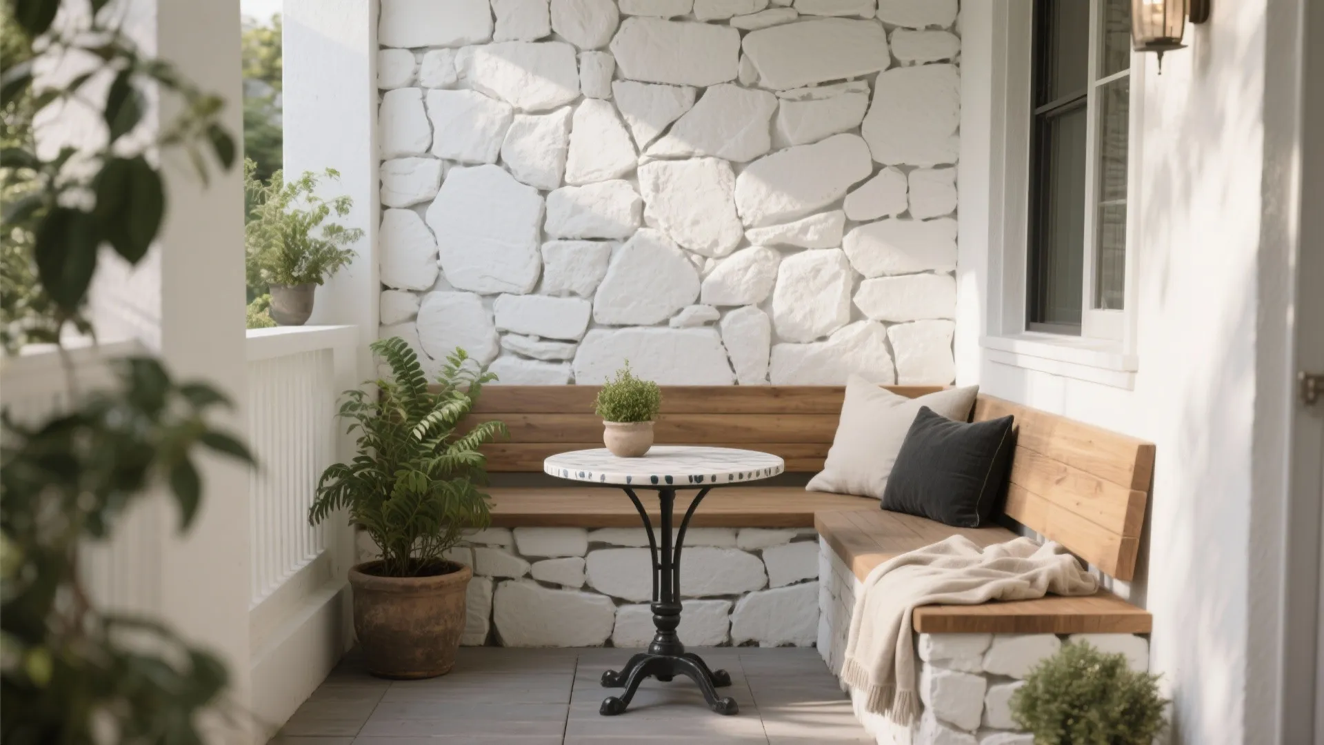 Outdoor balcony with white stone wall panel wooden bench small round table and green potted plants