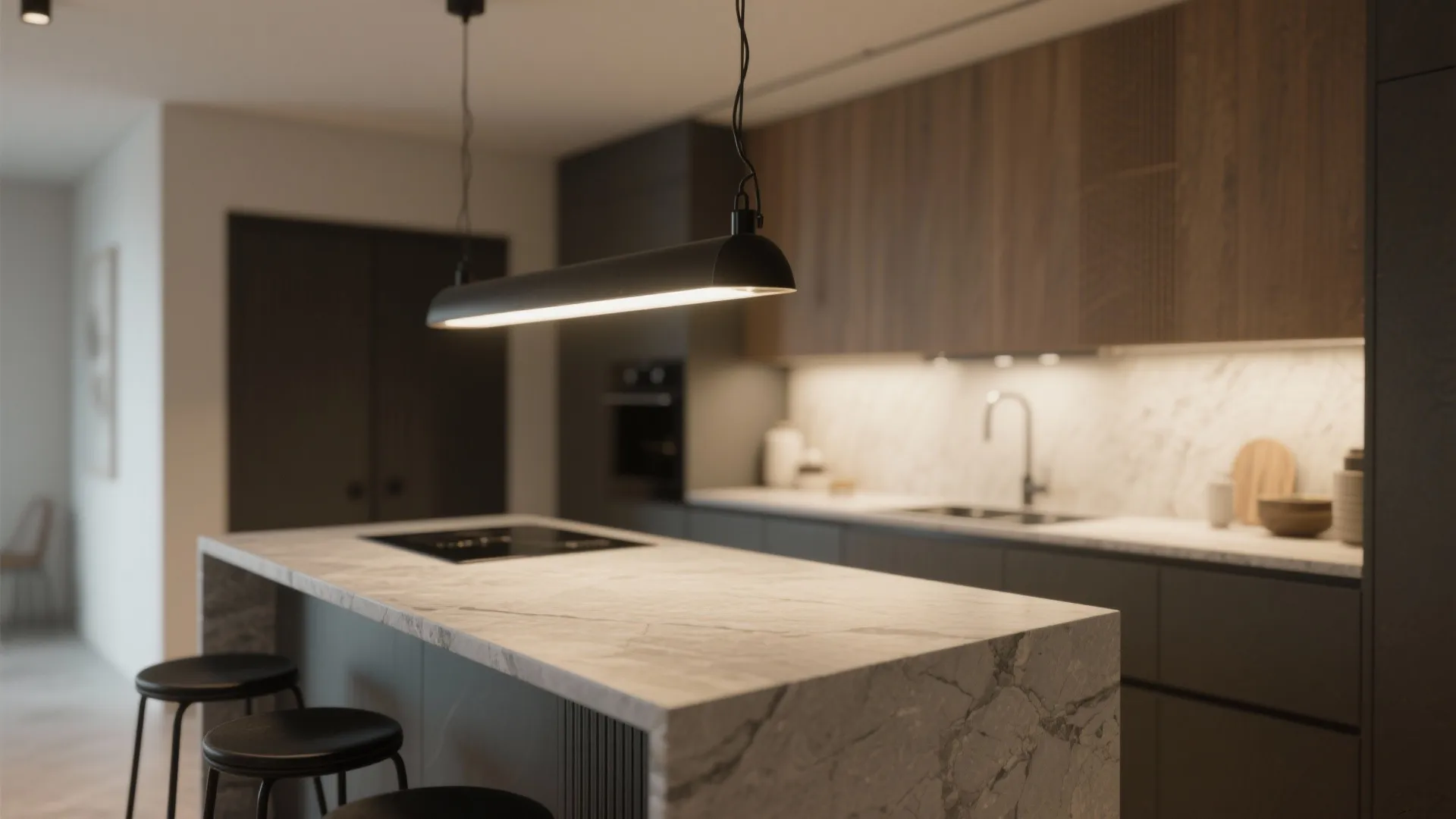 3. Contrast stone countertops with industrial lighting