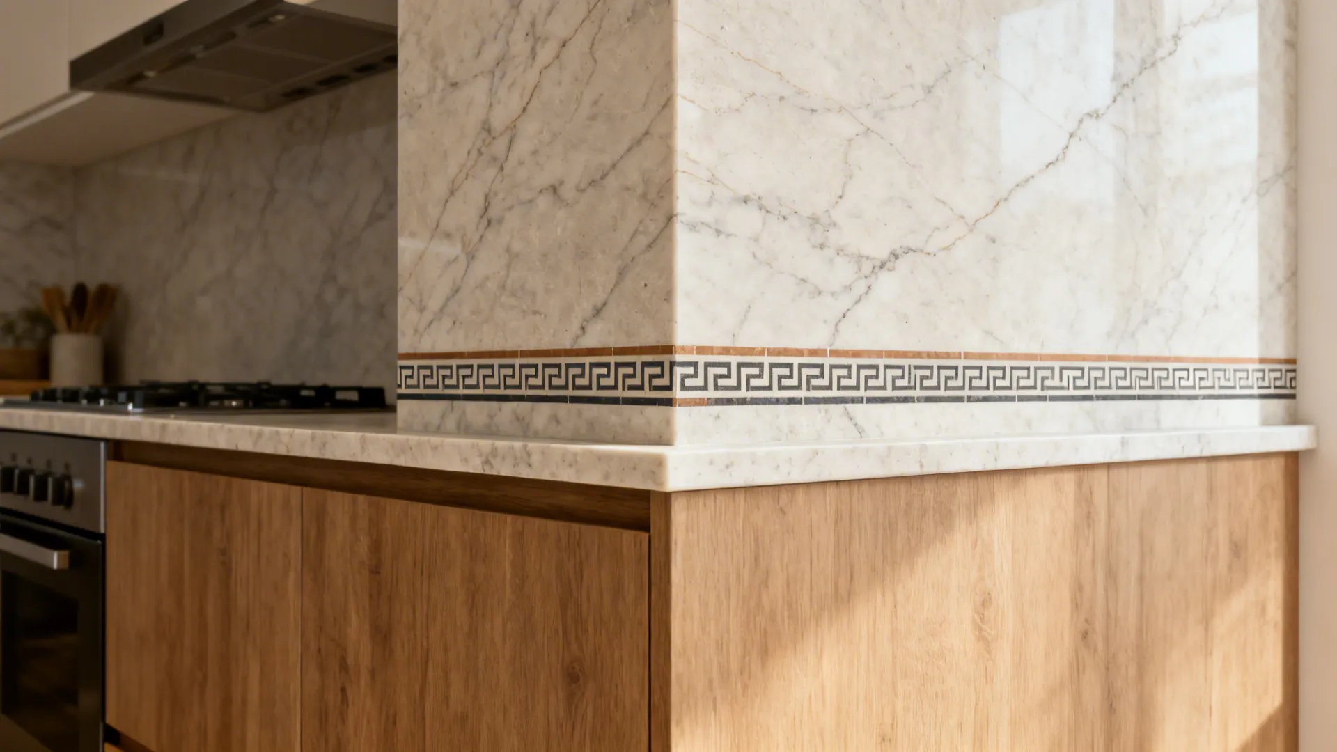 Stone upstand backsplash with a subtle geometric inlay line in a modern kitchen.