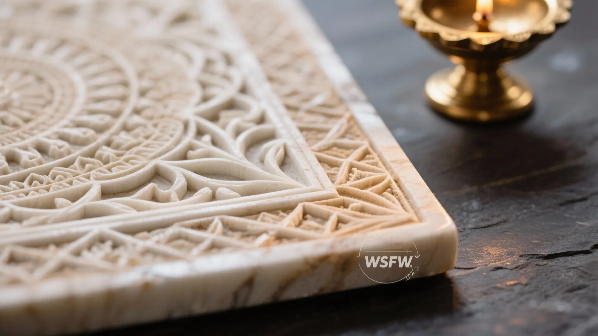 Close up view of a carved white stone tile with detailed patterns and gold light