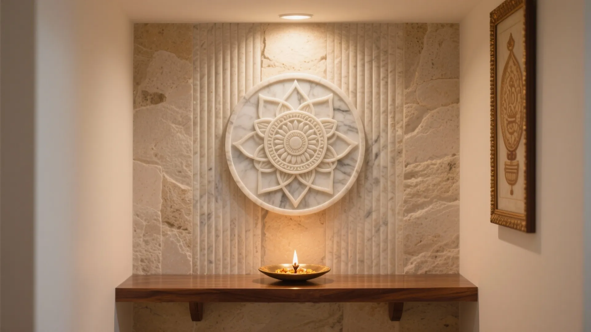 Stone-clad pooja wall with fluted travertine and delicate marble inlay mandala, calm and refined.