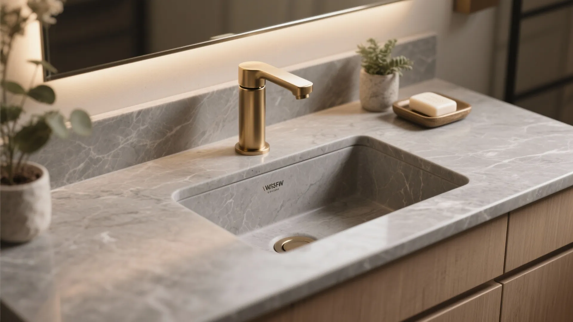 1. Warm gray vanity with a stone-integrated sink