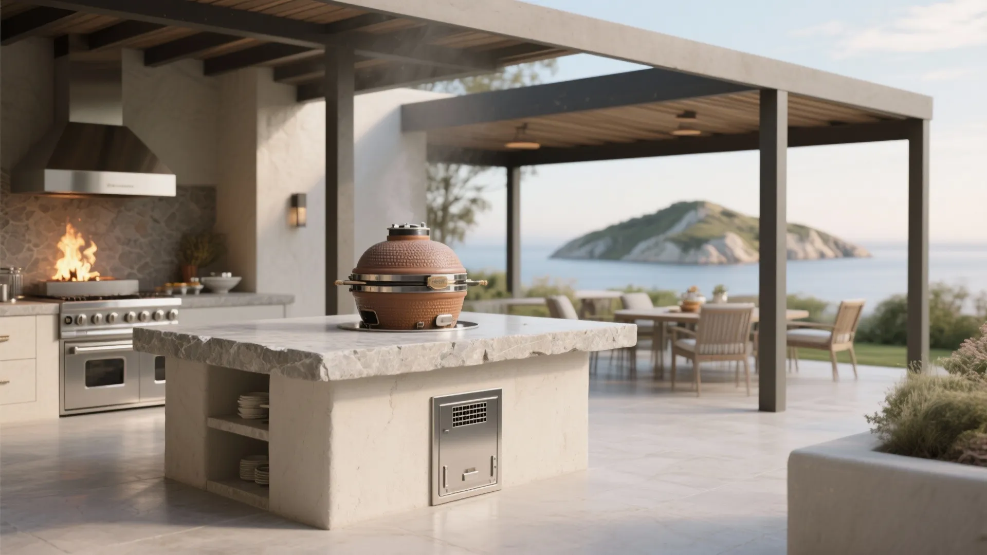 5) Fireproof concrete or stone island for a premium finish