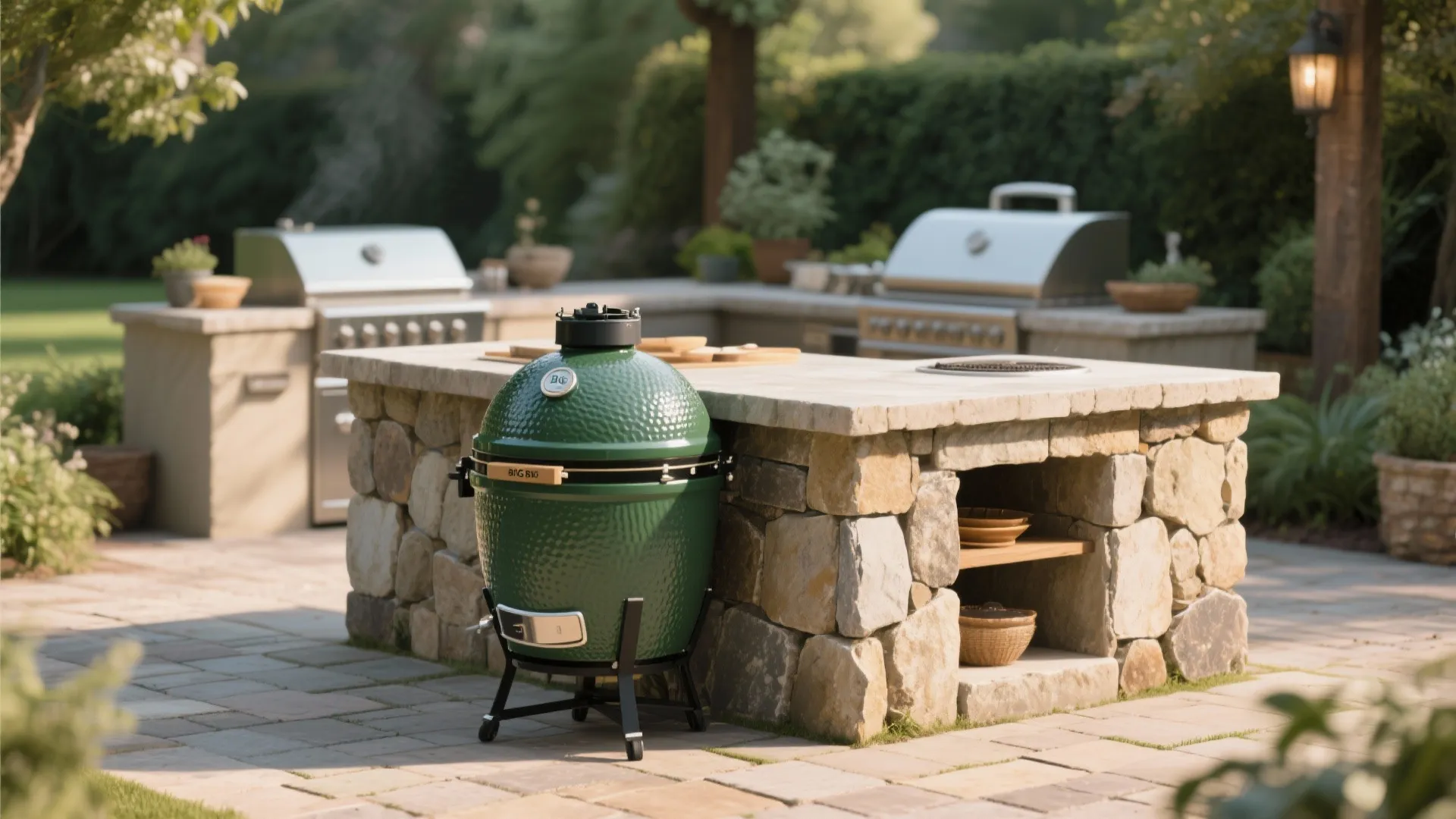 Big Green Egg built into rustic stone island with patio