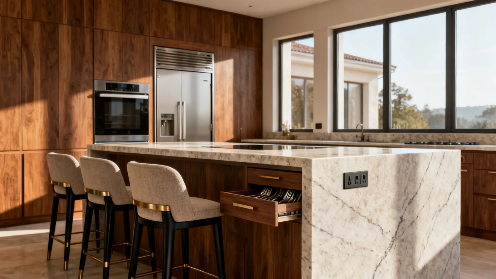 Stone-clad quartzite island with hidden storage and clean seating side in a villa kitchen.