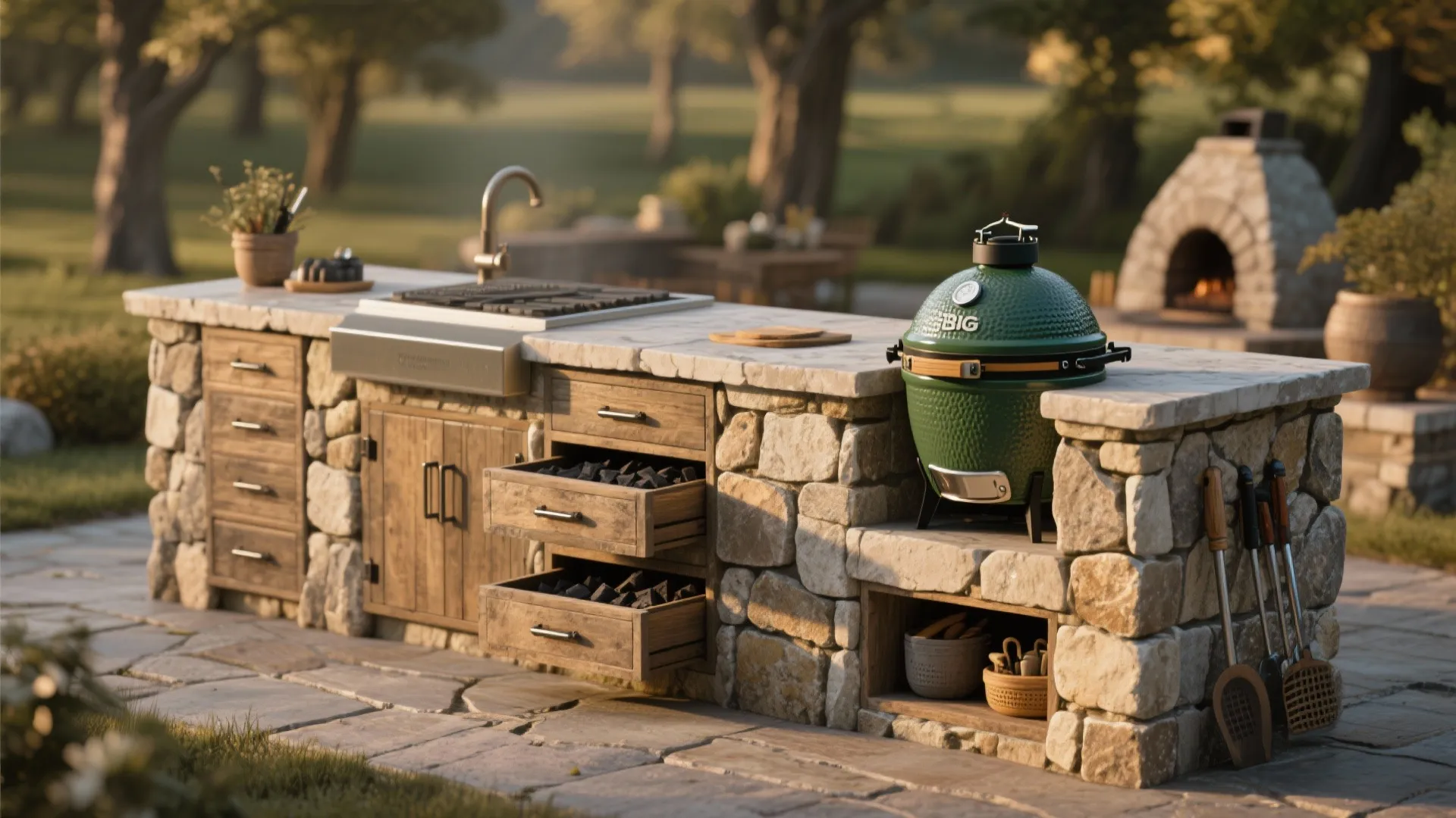 3. Rustic Stone Island with Built-in Storage