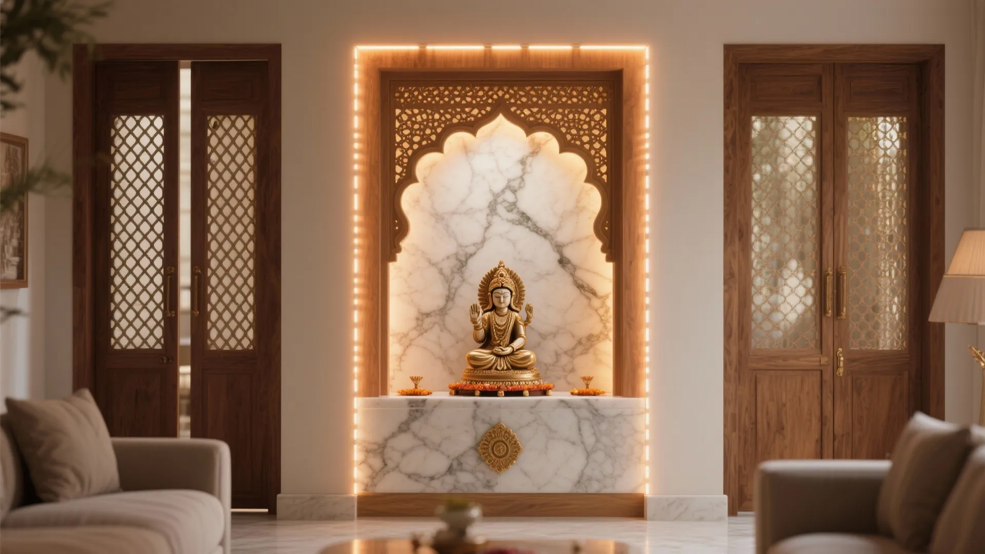 Backlit Stone Panel + Jaali Doors for Airy Light