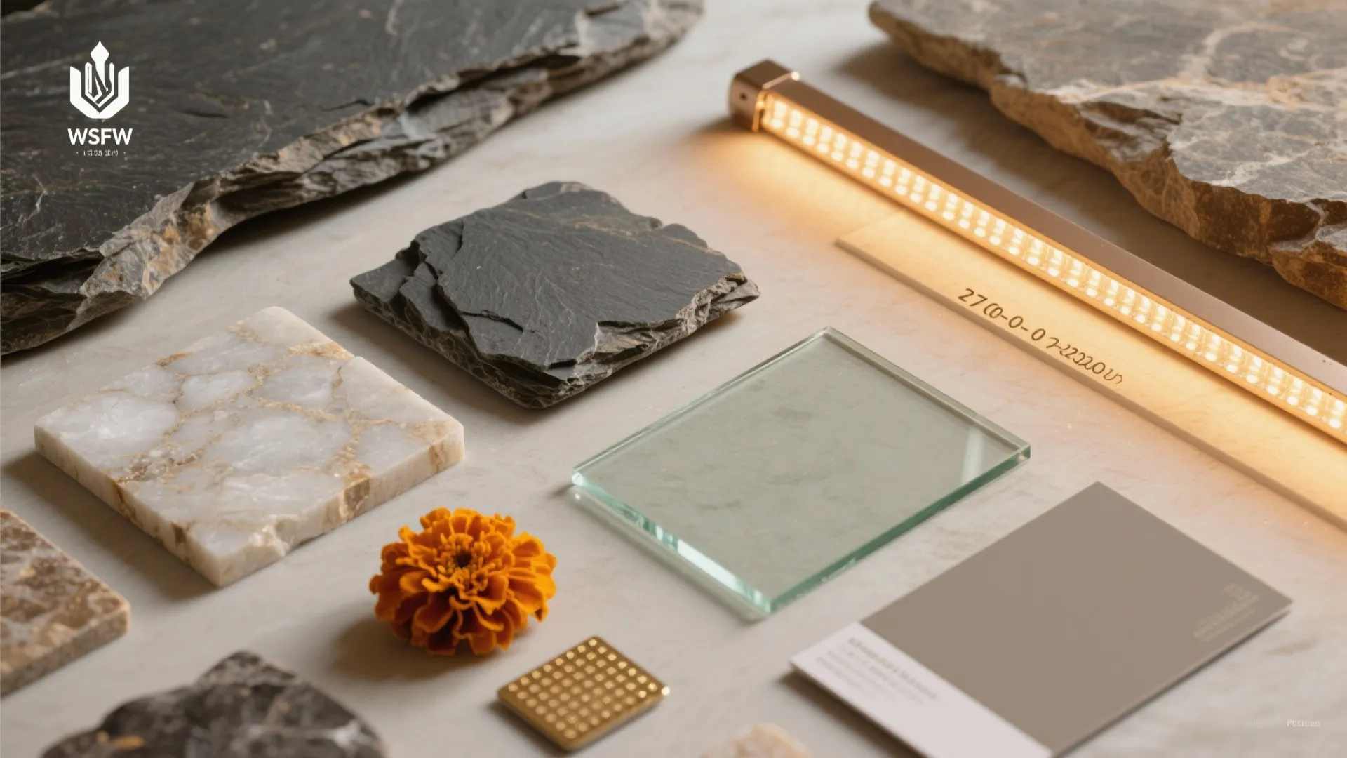 Material samples flatlay featuring stone slabs marble tiles glass and a warm light fixture strip