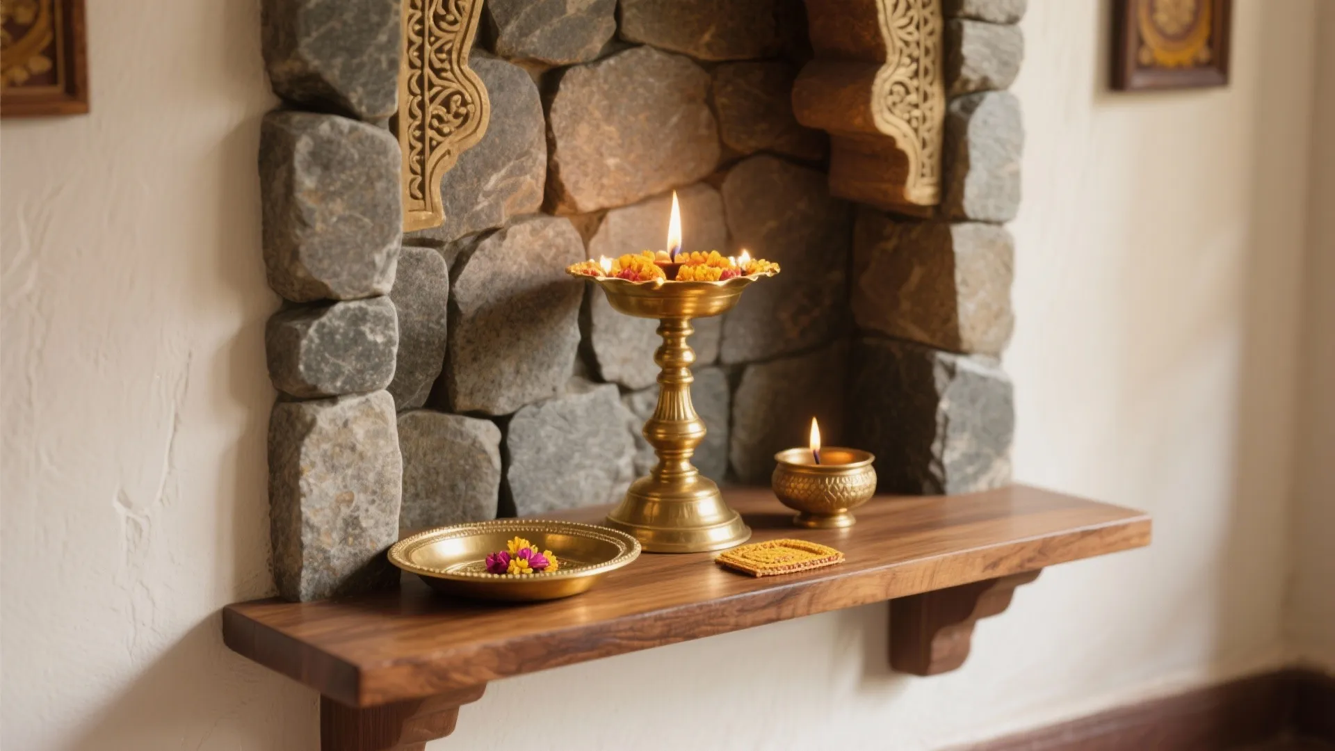 5) Stone-clad altar with nilavilakku focus