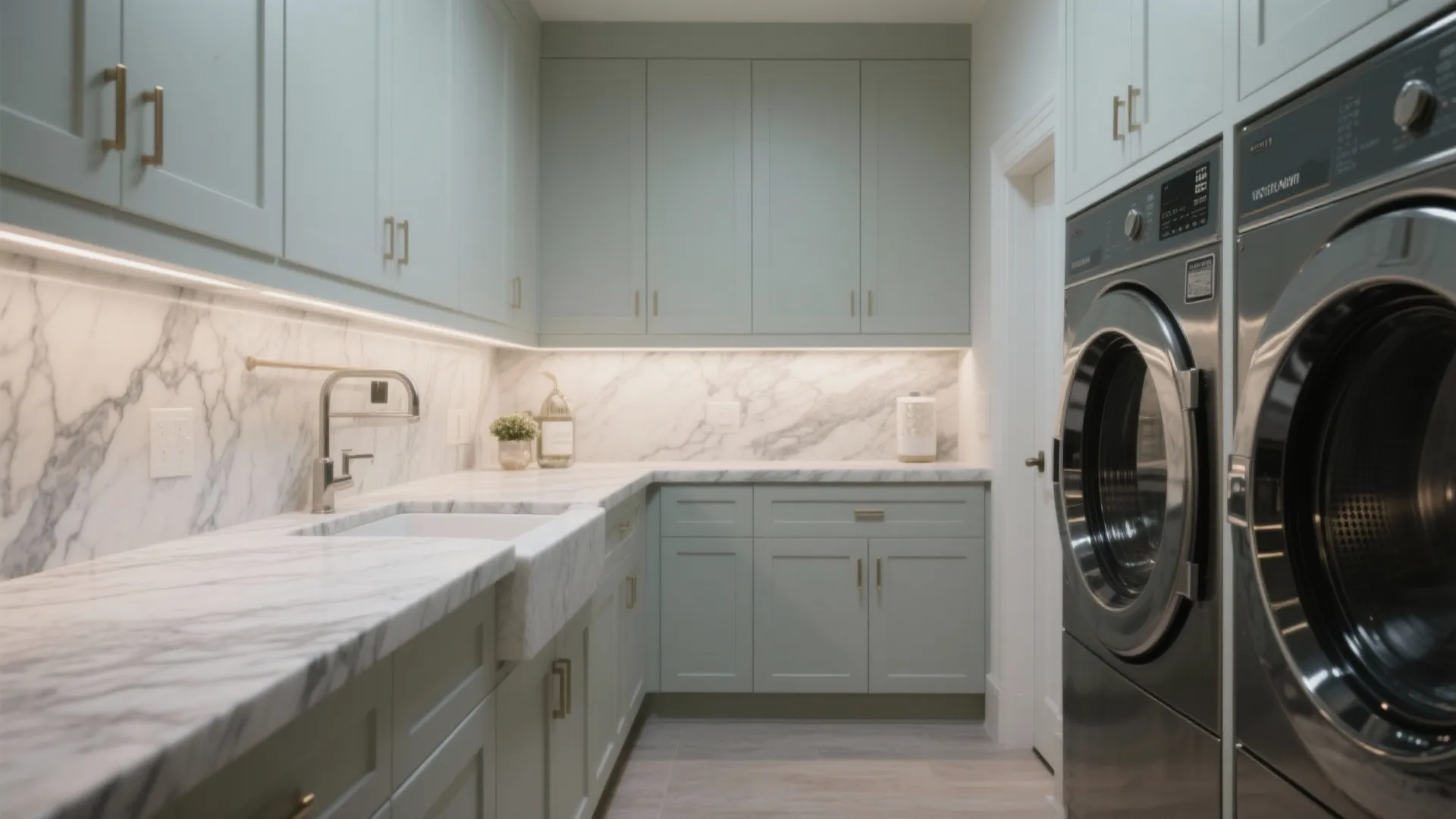Modern laundry room featuring sage green cabinets white marble countertops and built in washing machine unit
