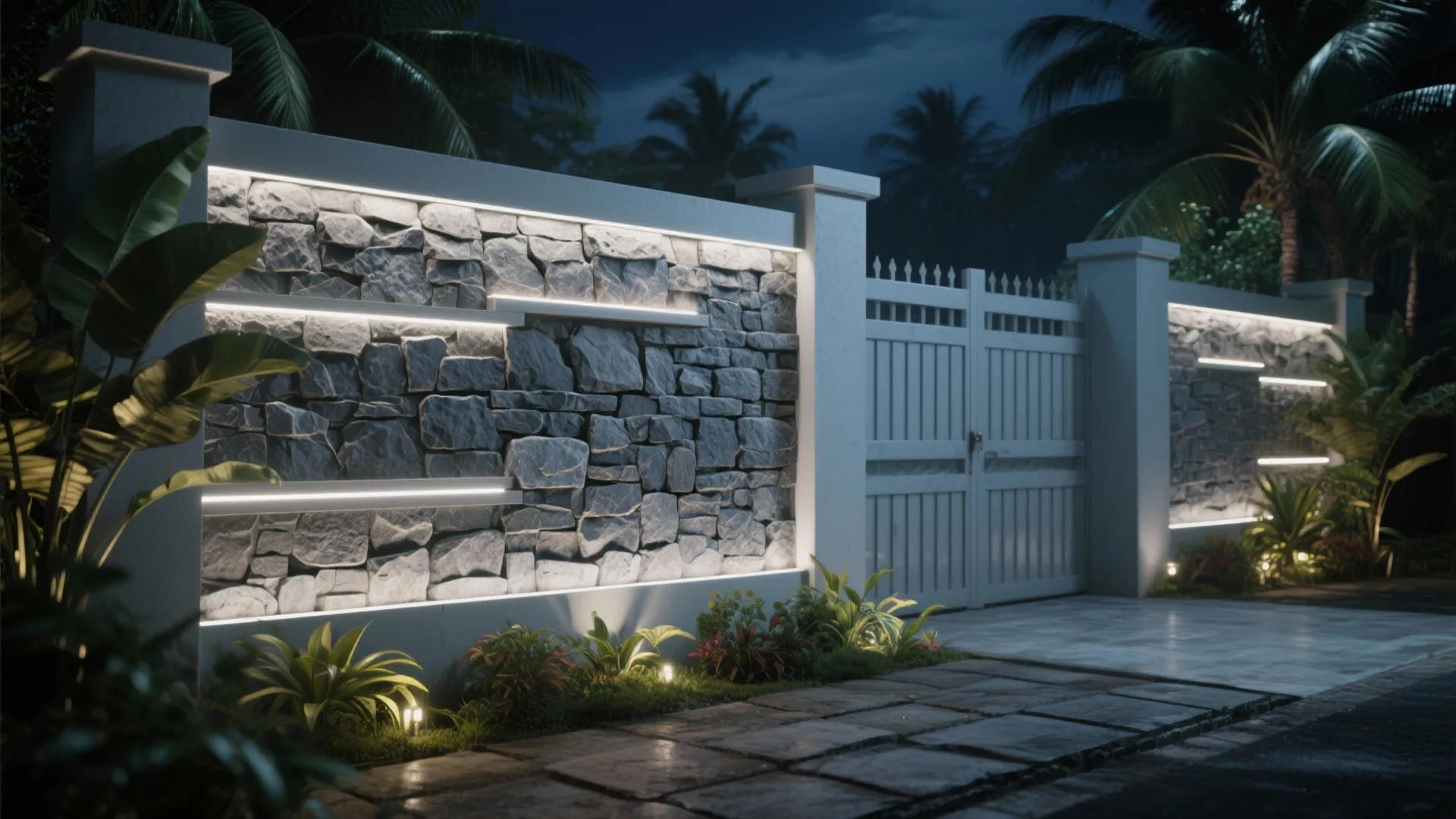 Modern stone compound wall with built in light strips and white gates at night time