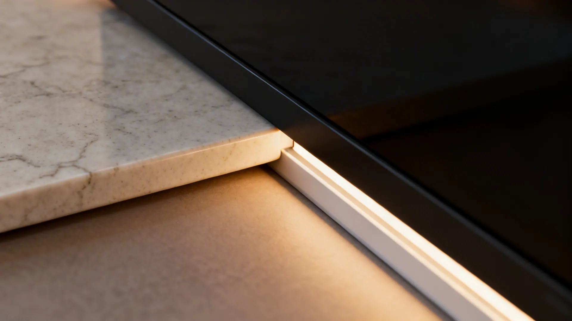 Macro of honed porcelain slab and LED diffuser channel beside a matte black TV bezel.