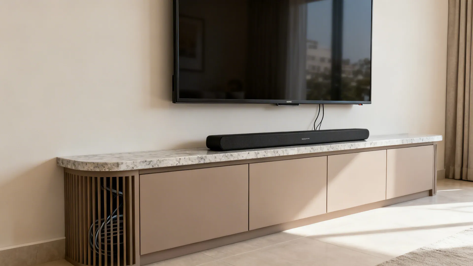 TV wall with a slim quartz ledge beneath the screen and matte laminate storage cabinets.