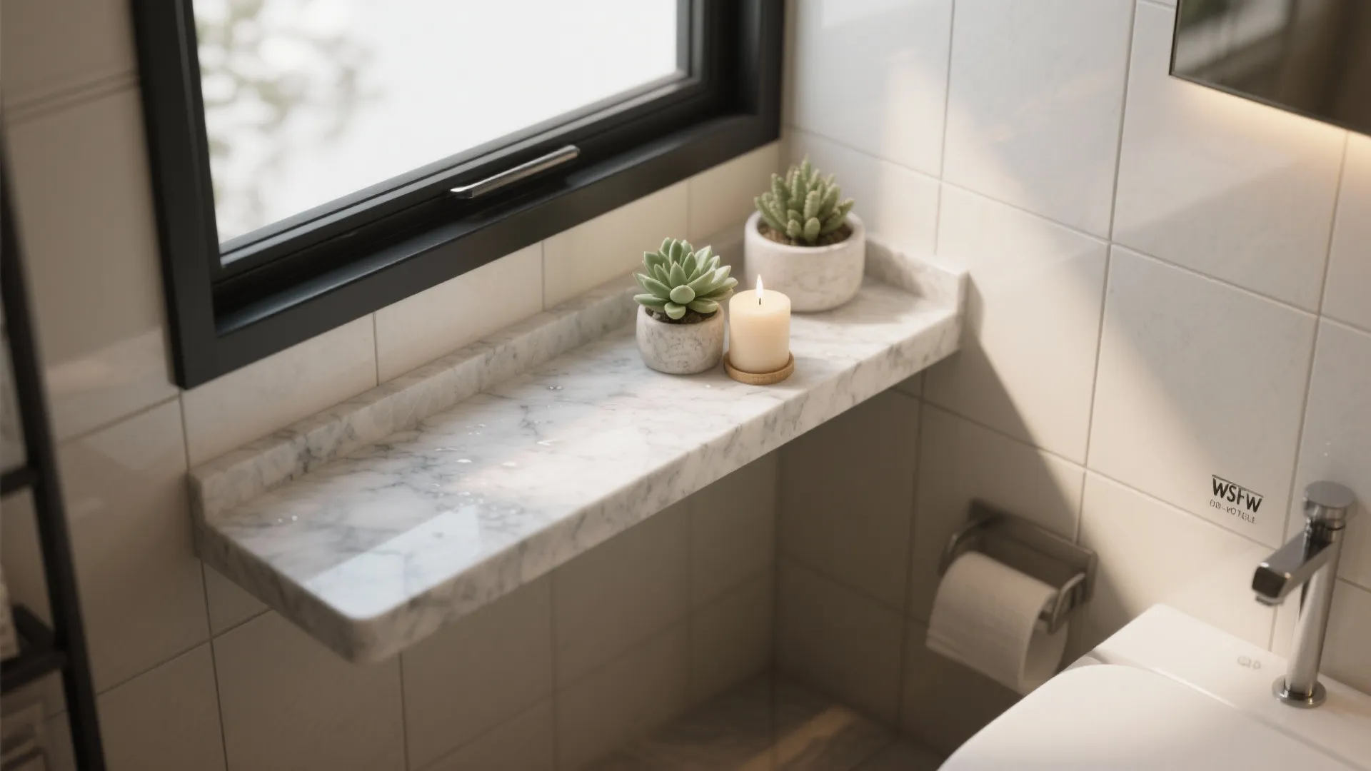Close-up of a honed quartz window sill with small plants and candle in a moisture-resistant tiny bathroom setup.