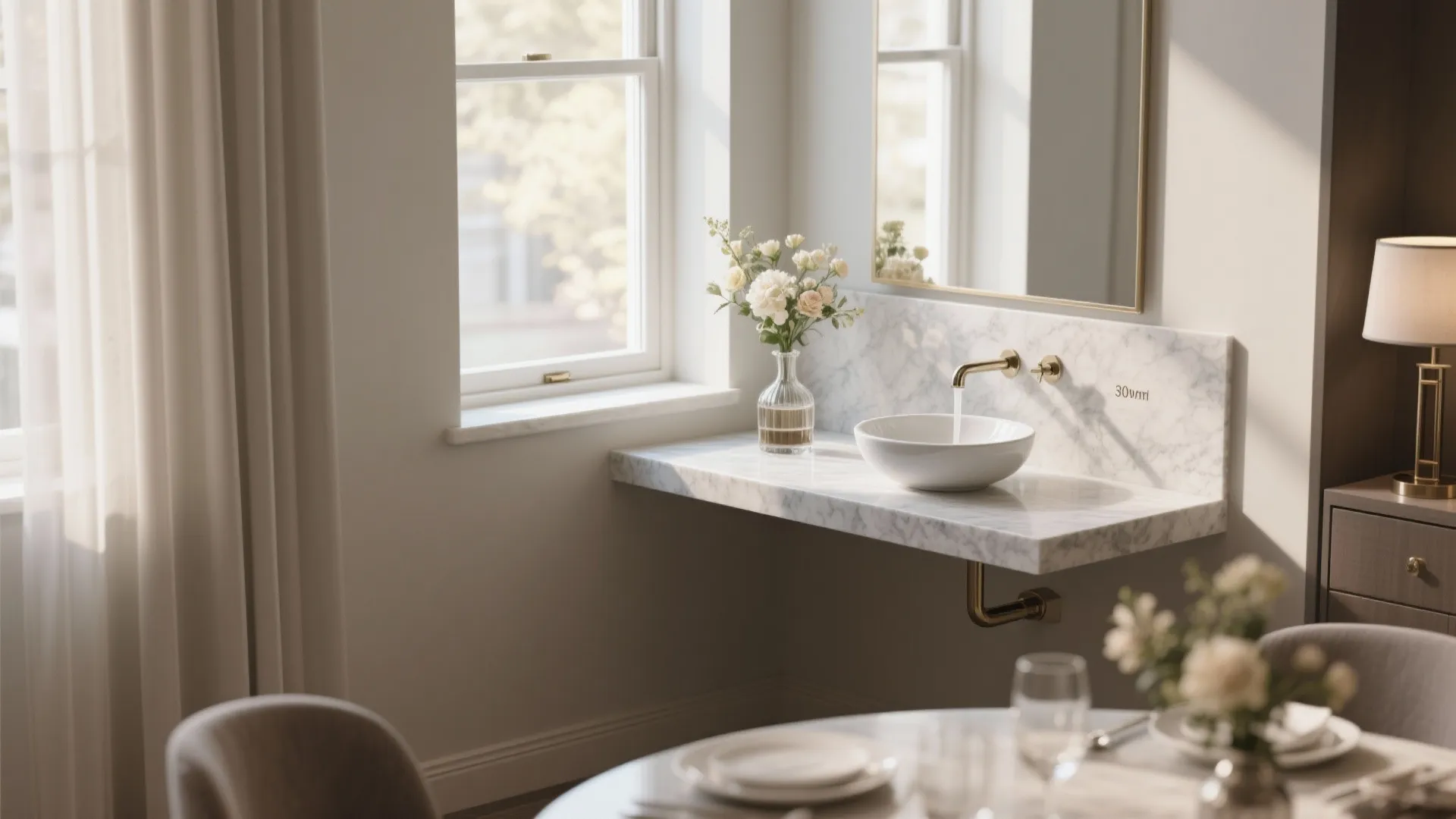 Marble counter with white bowl sink next to a window and mirror with fresh flowers