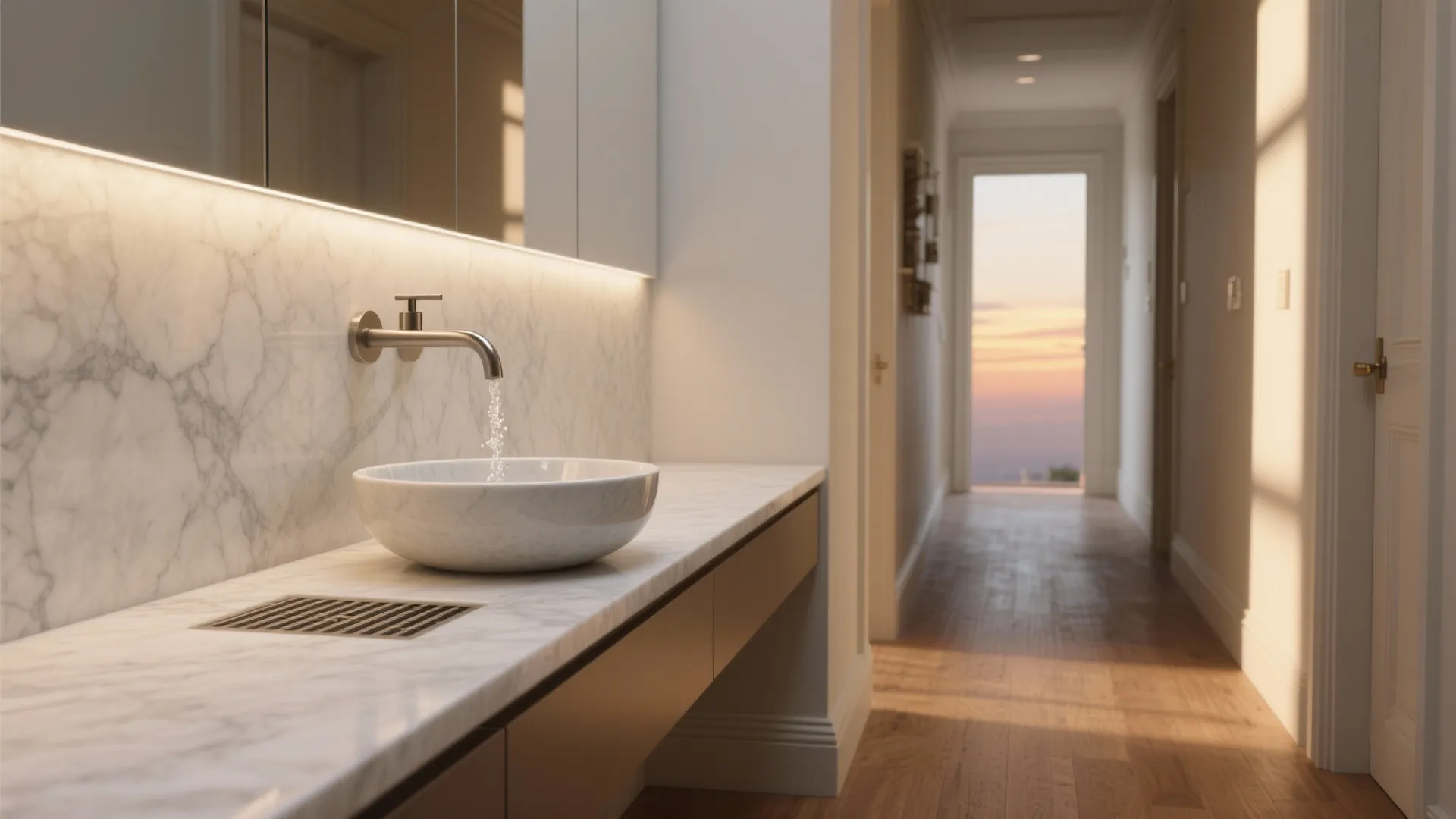 Stone slab ledge + vessel sink