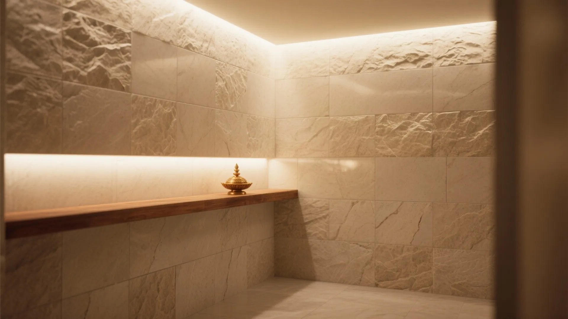 Textured stone wall with wooden shelf holding gold decorative object under warm built-in wall lighting