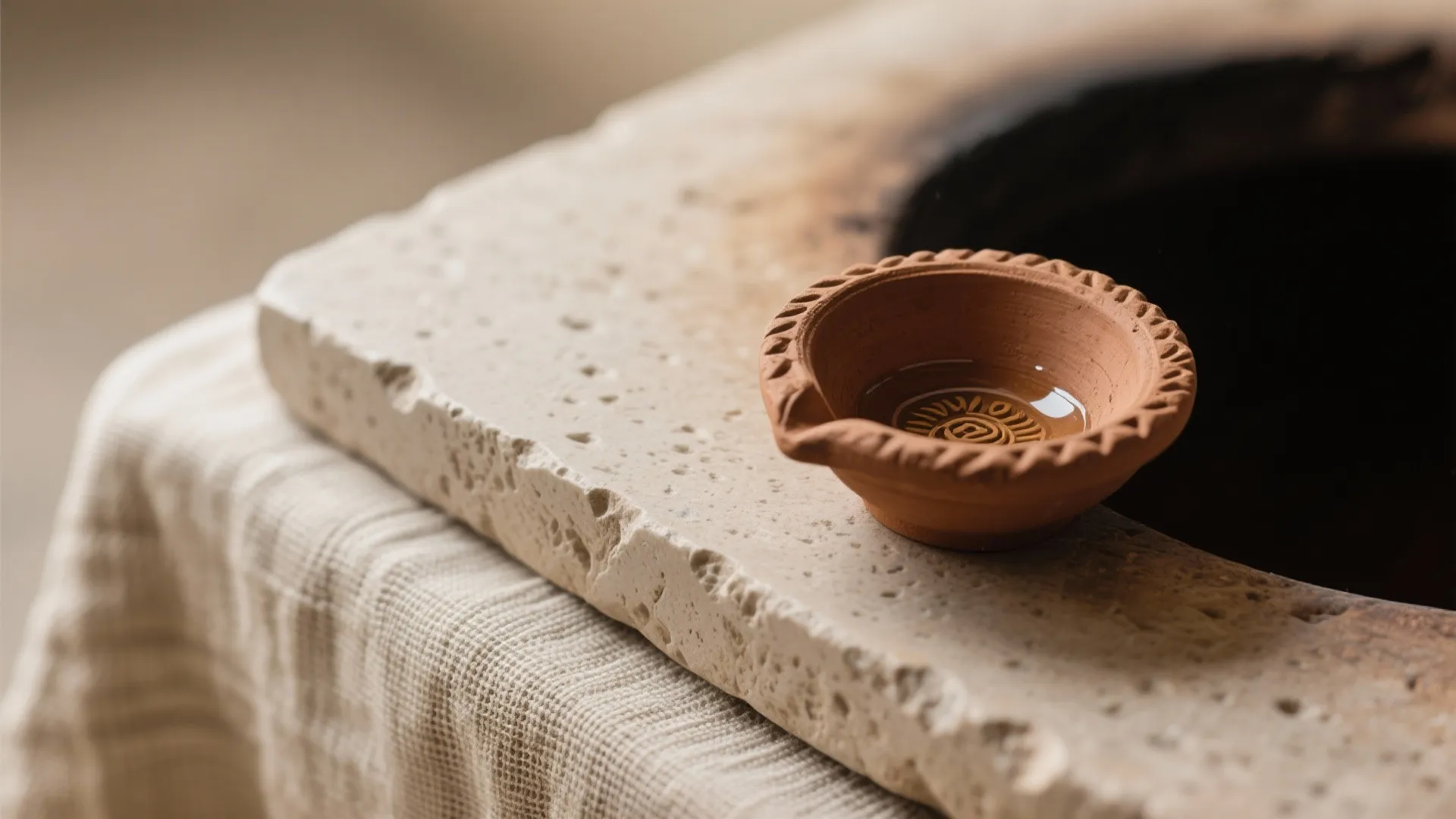 Close-up of matte stone, clay diya surface, and linen weave in soft light.